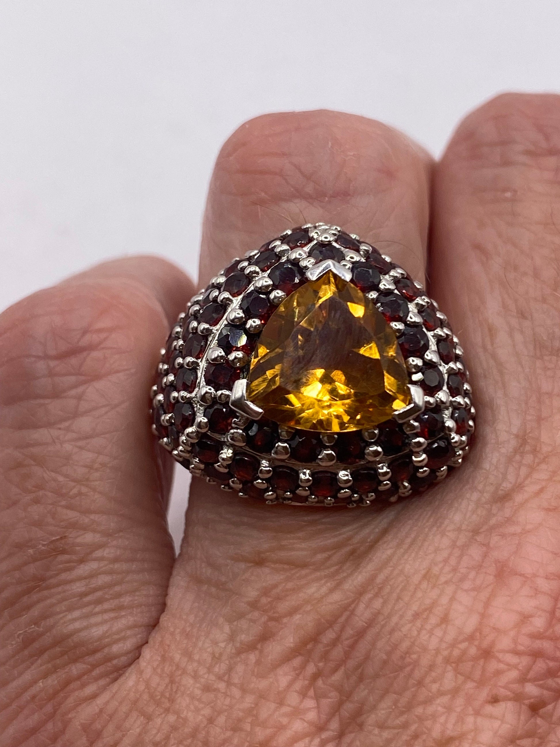Vintage Citrine and Red Garnet 925 Sterling Silver Cocktail Ring