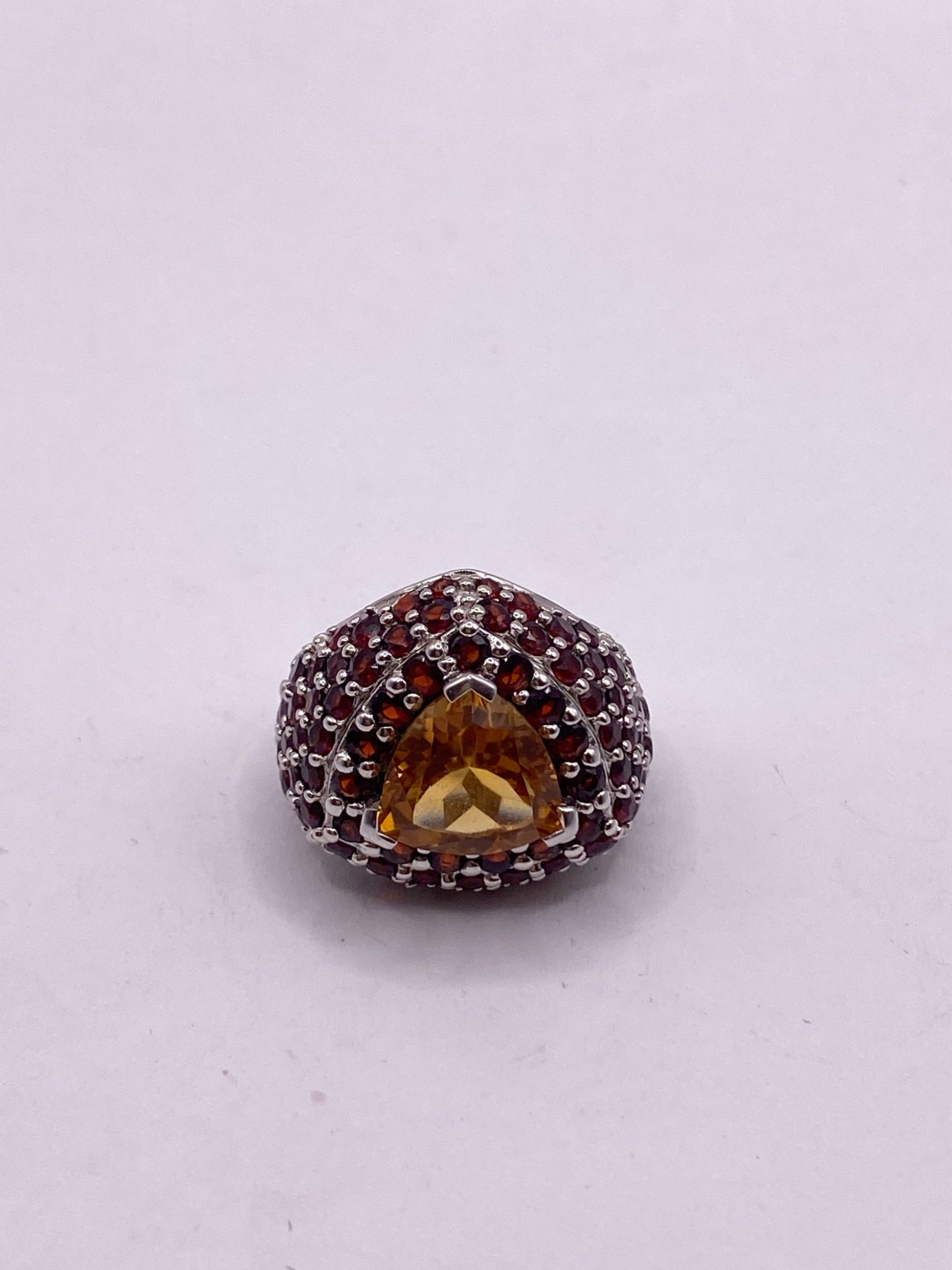 Vintage Citrine and Red Garnet 925 Sterling Silver Cocktail Ring