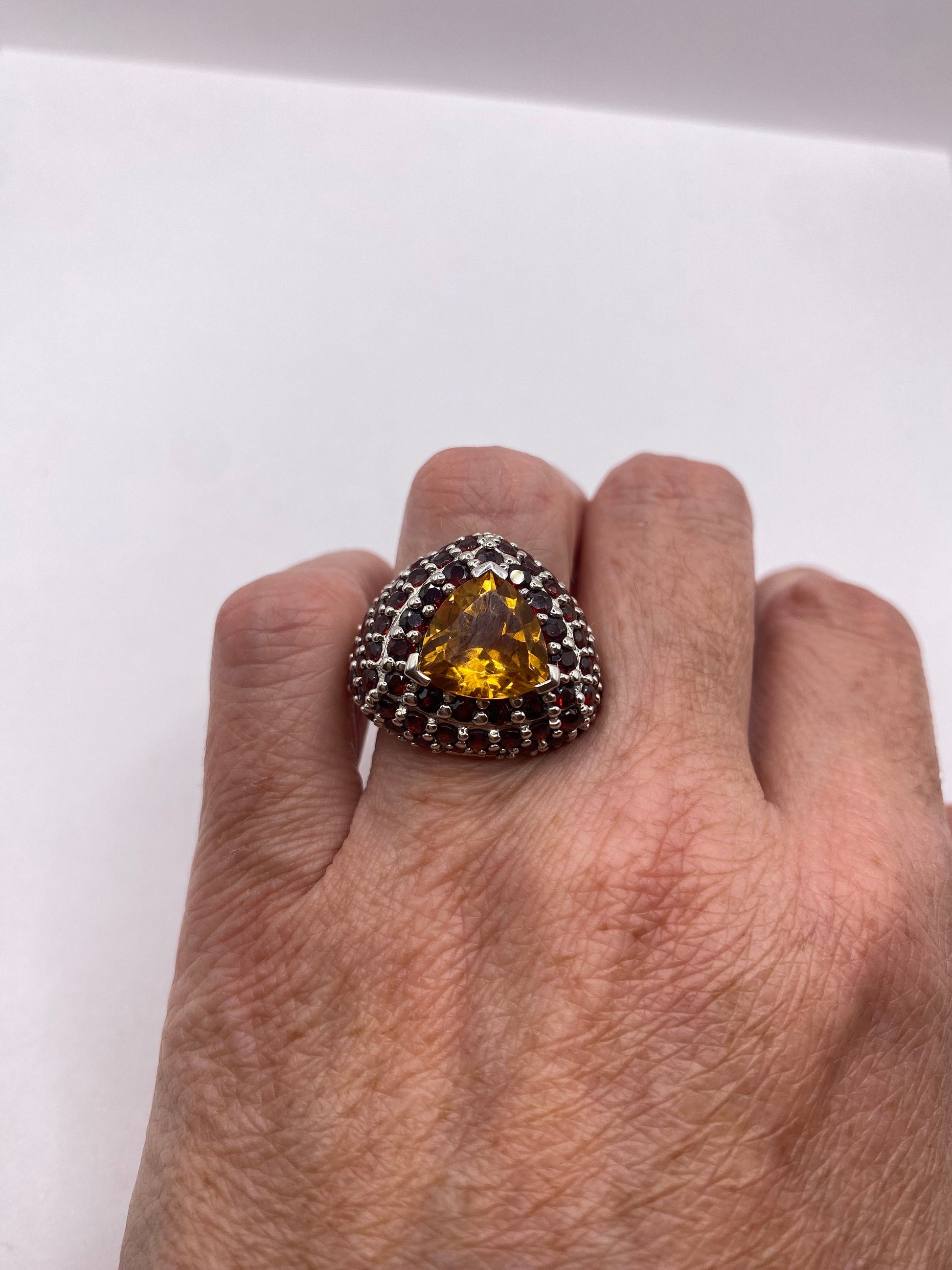 Vintage Citrine and Red Garnet 925 Sterling Silver Cocktail Ring