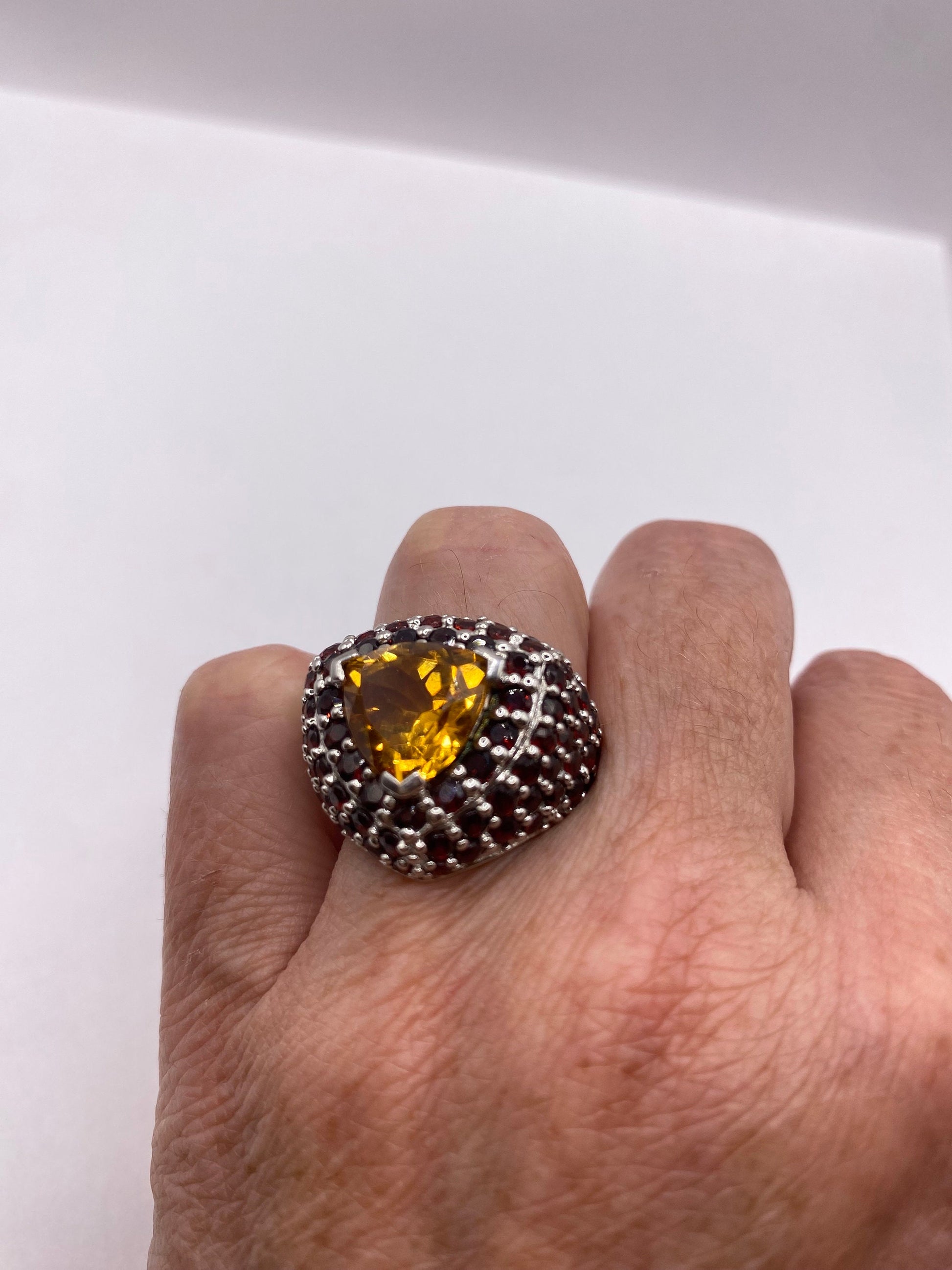 Vintage Citrine and Red Garnet 925 Sterling Silver Cocktail Ring