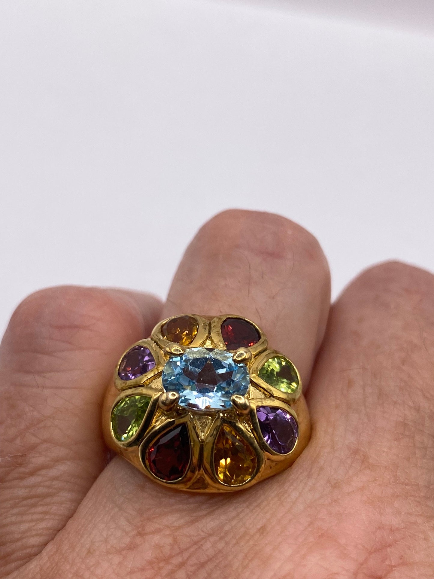 Vintage Mixed Genuine Gemstones Gold 925 Sterling Silver Heart Cocktail Ring