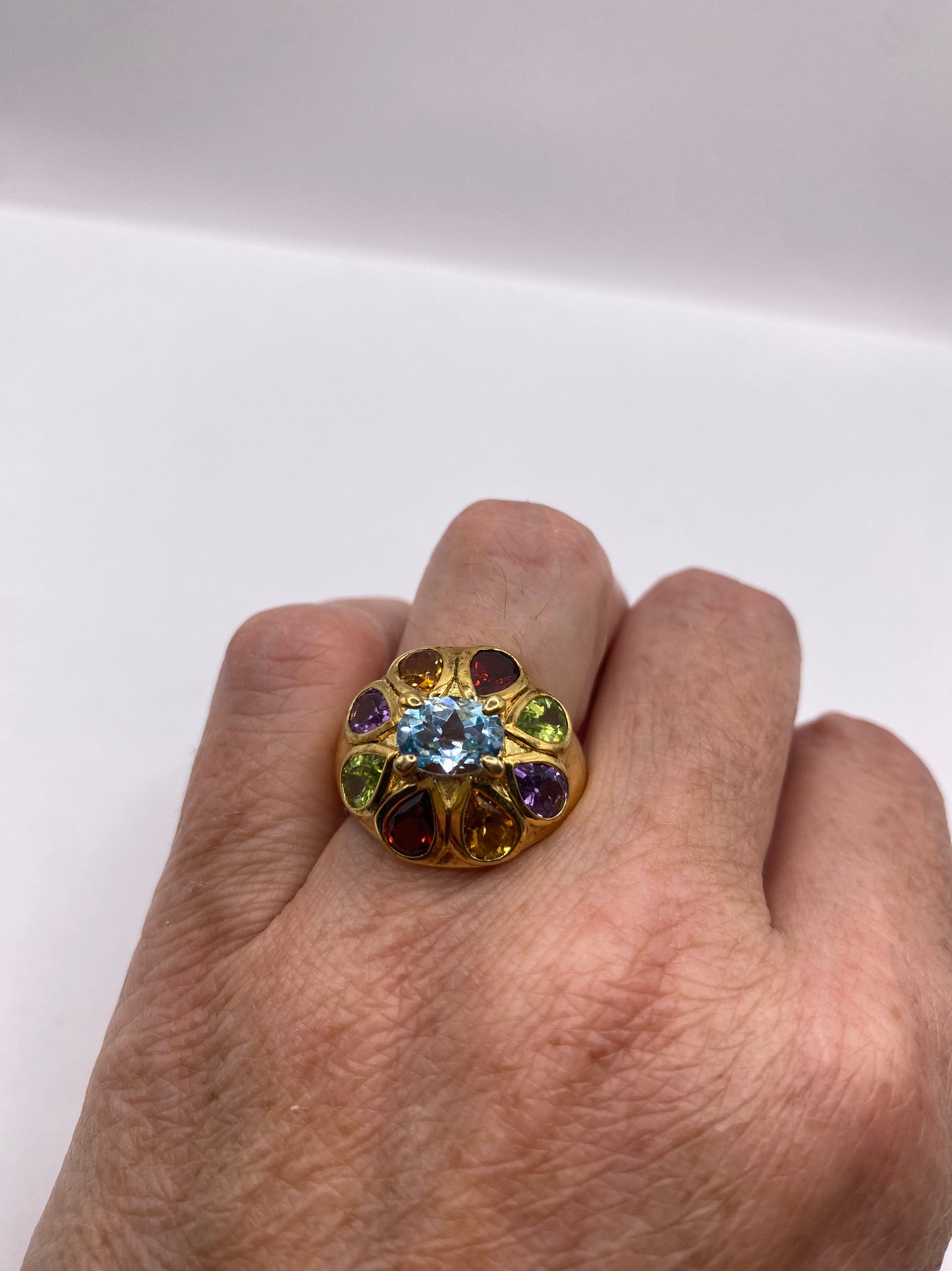 Vintage Mixed Genuine Gemstones Gold 925 Sterling Silver Heart Cocktail Ring