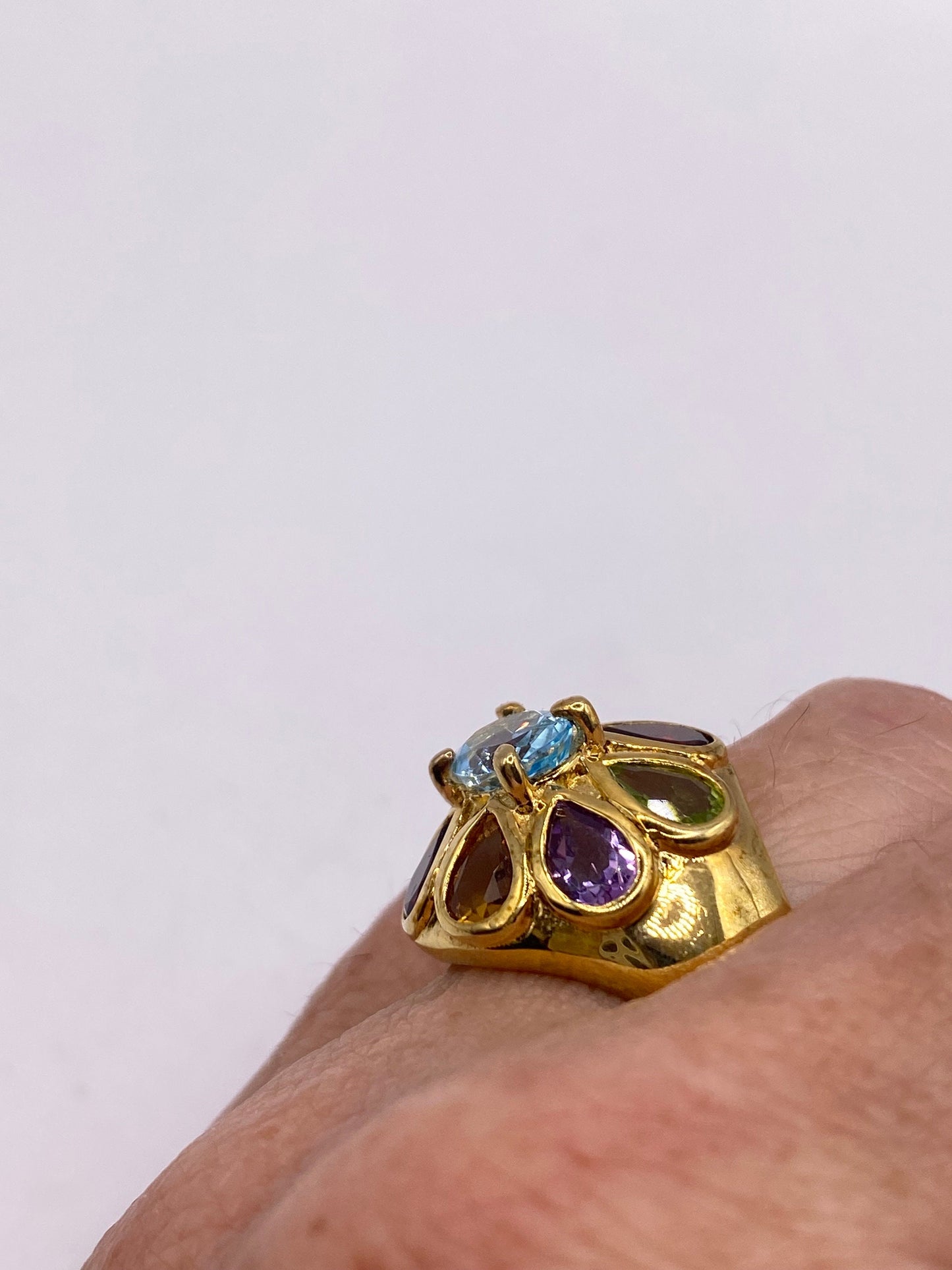 Vintage Mixed Genuine Gemstones Gold 925 Sterling Silver Heart Cocktail Ring