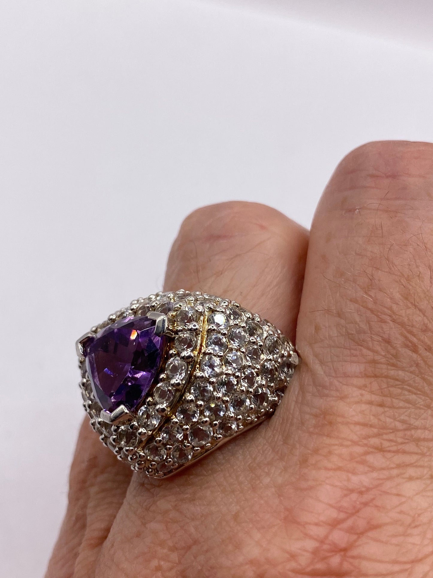 Vintage Purple Amethyst Pink Tourmaline Cocktail Ring 925 Sterling Silver
