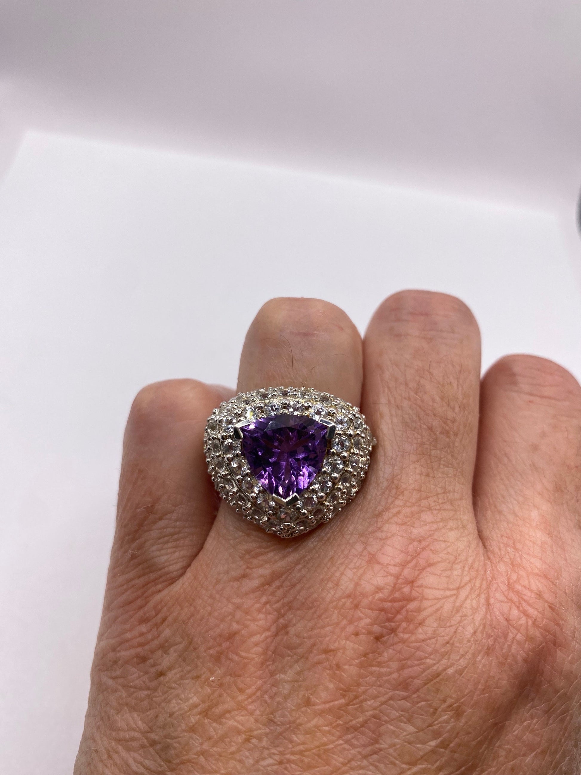 Vintage Purple Amethyst Pink Tourmaline Cocktail Ring 925 Sterling Silver