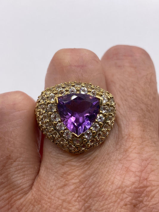 Vintage Purple Amethyst White Sapphire Cocktail Ring Gold 925 Sterling Silver