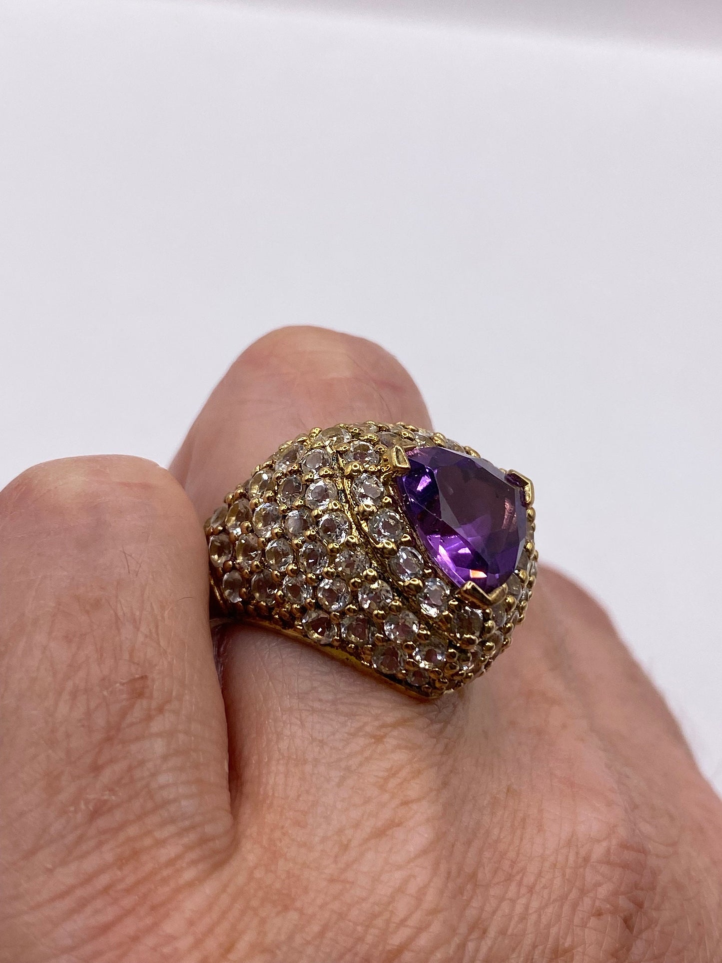 Vintage Purple Amethyst White Sapphire Cocktail Ring Gold 925 Sterling Silver