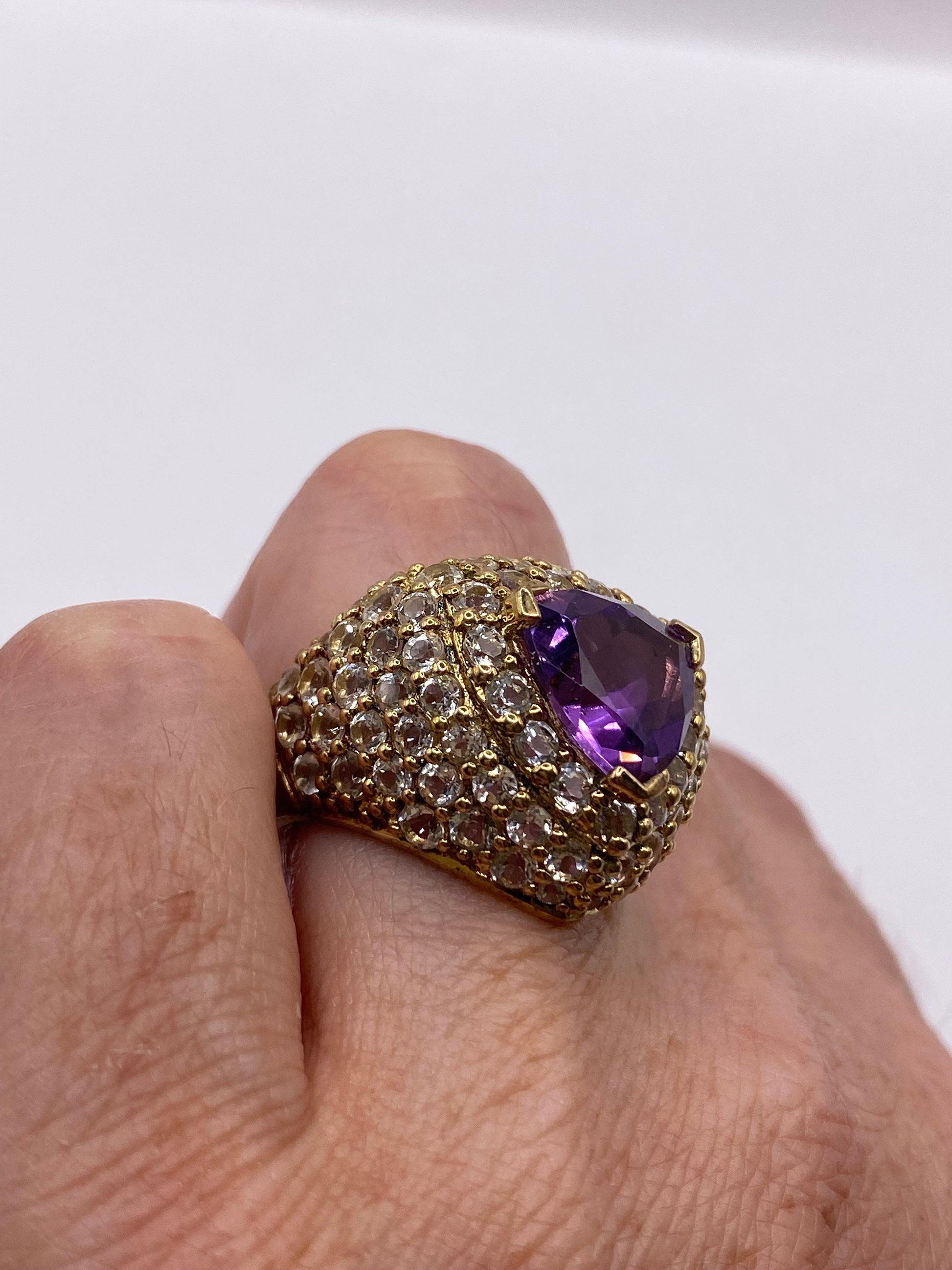 Vintage Purple Amethyst White Sapphire Cocktail Ring Gold 925 Sterling Silver