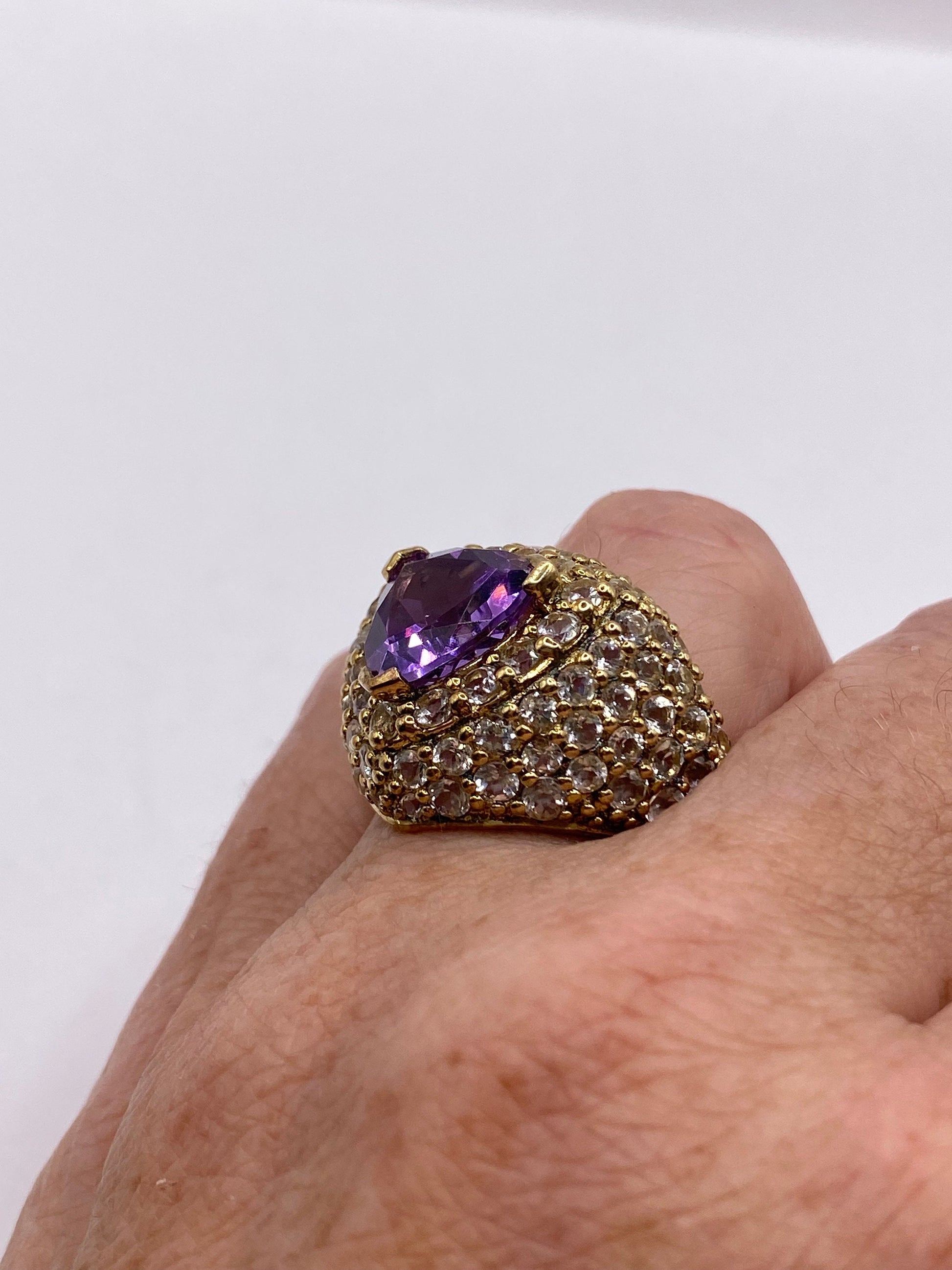 Vintage Purple Amethyst White Sapphire Cocktail Ring Gold 925 Sterling Silver