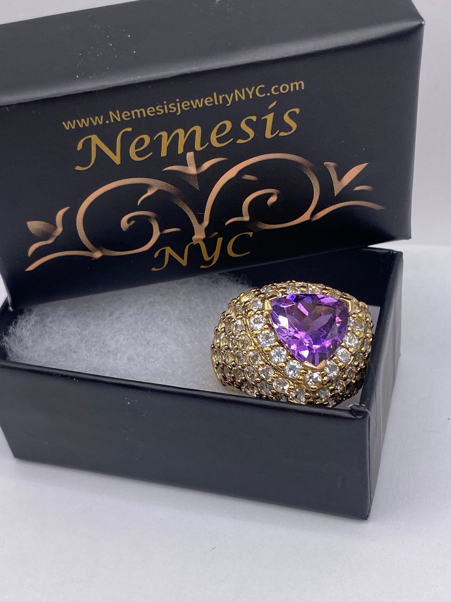 Vintage Purple Amethyst White Sapphire Cocktail Ring Gold 925 Sterling Silver