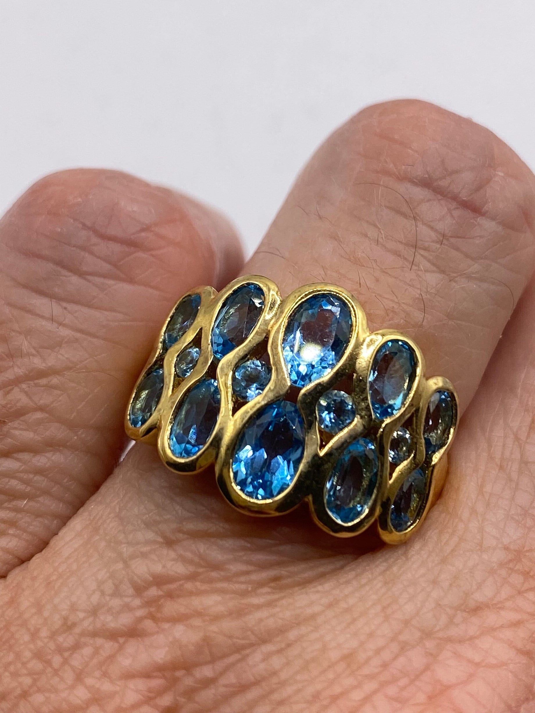 Vintage Genuine Blue Topaz Gold 925 Sterling Silver Ring