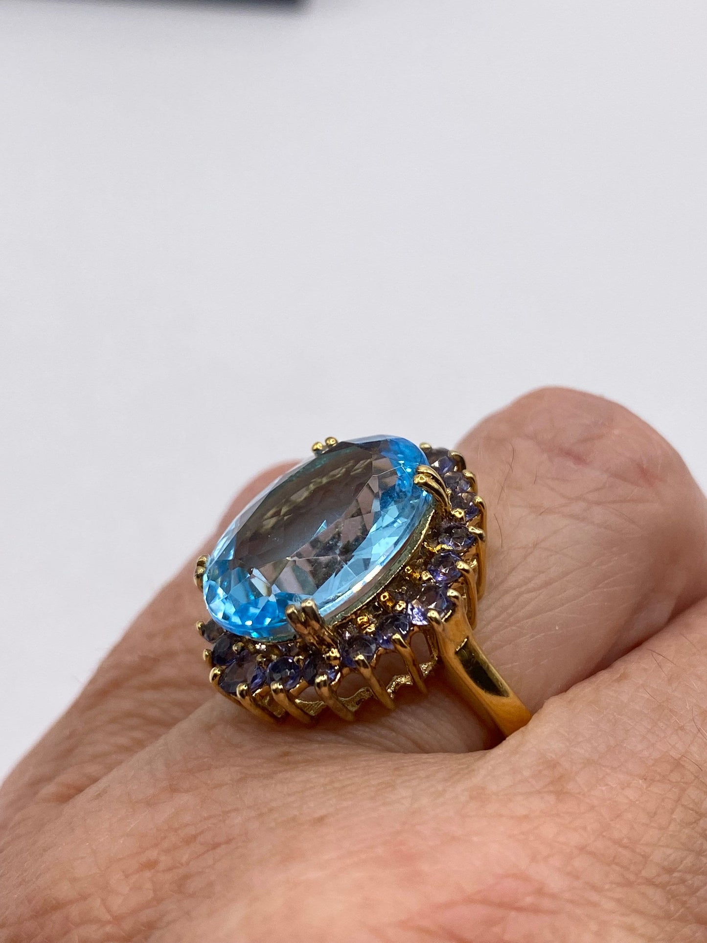 Vintage Genuine Blue Topaz Gold 925 Sterling Silver Ring