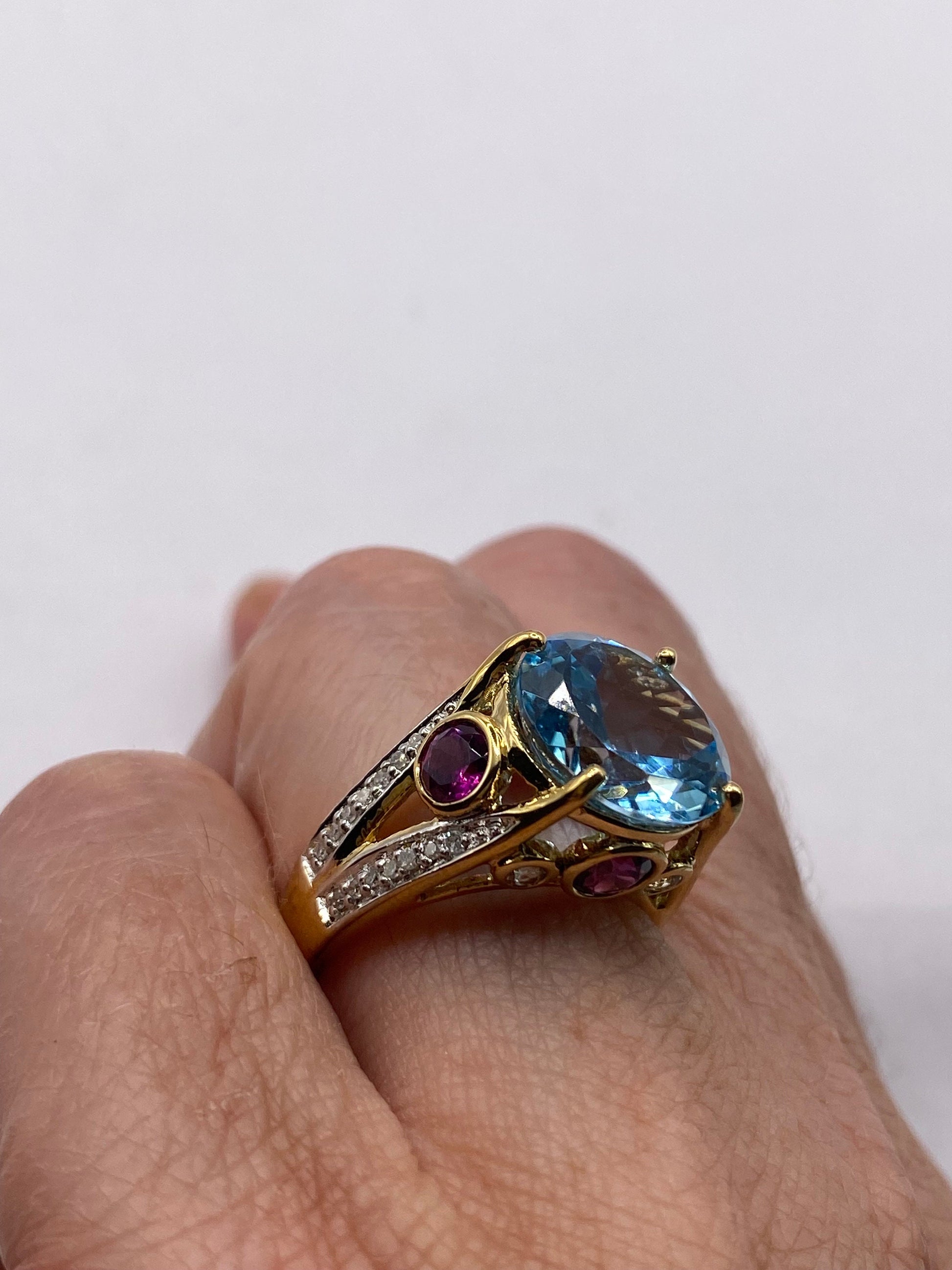 Vintage Genuine Blue Topaz Gold 925 Sterling Silver Ring