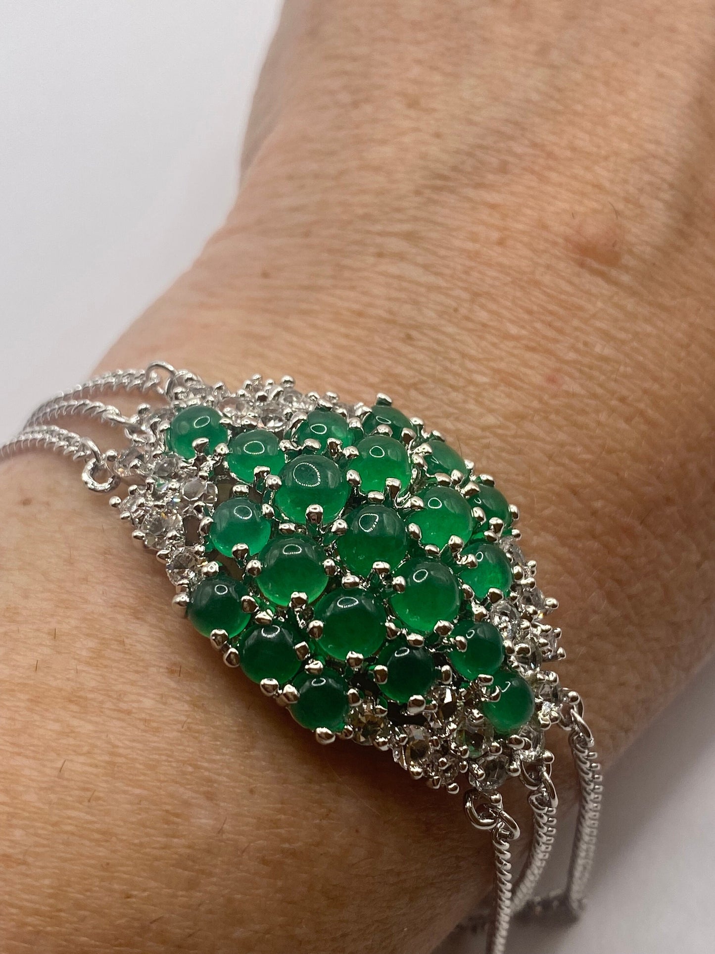 Vintage Green Jade Bracelet Silver White Bronze