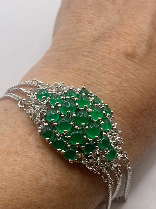 Vintage Green Jade Bracelet Silver White Bronze