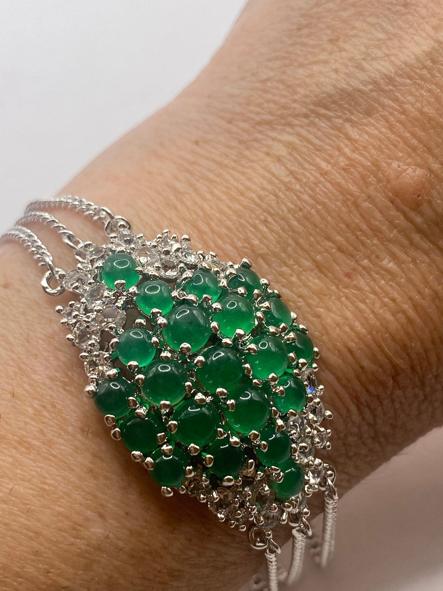 Vintage Green Jade Bracelet Silver White Bronze