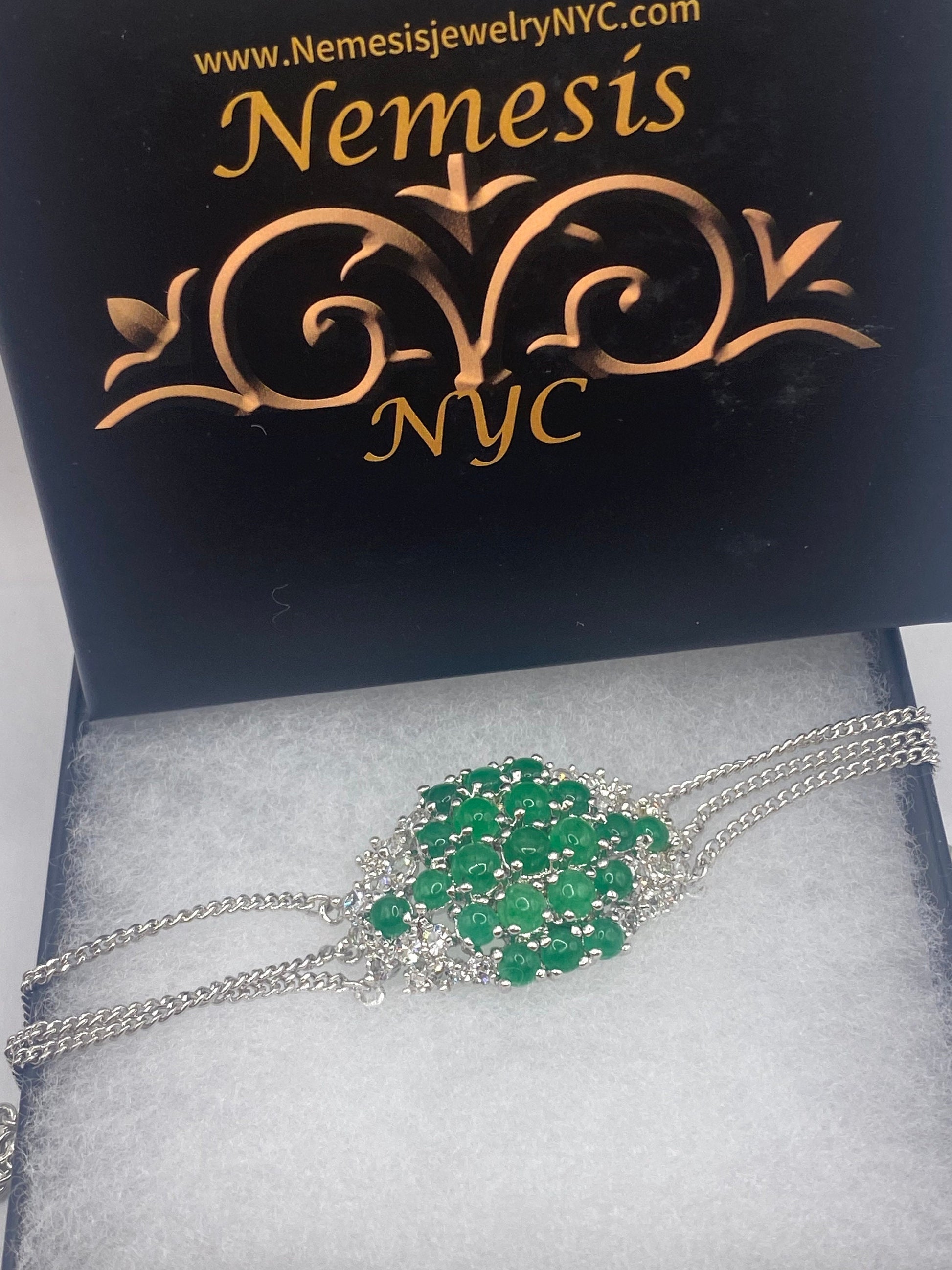 Vintage Green Jade Bracelet Silver White Bronze