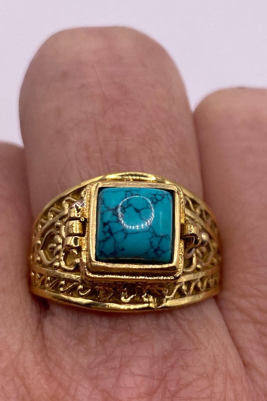 Vintage Gold Turquoise Brass Poison Pillbox Ring