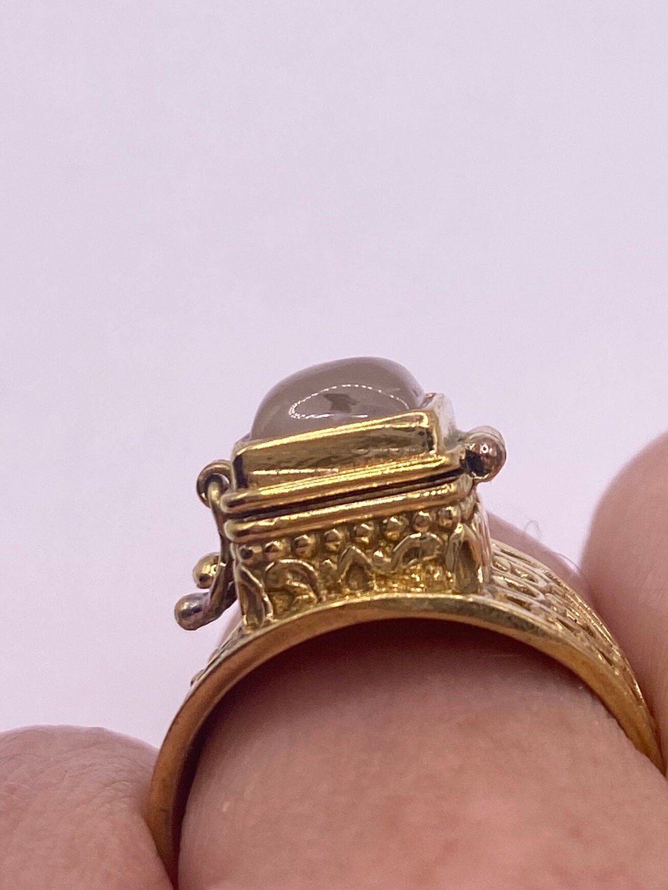 Vintage Gold Pink Rose Quartz Brass Poison Pillbox Ring