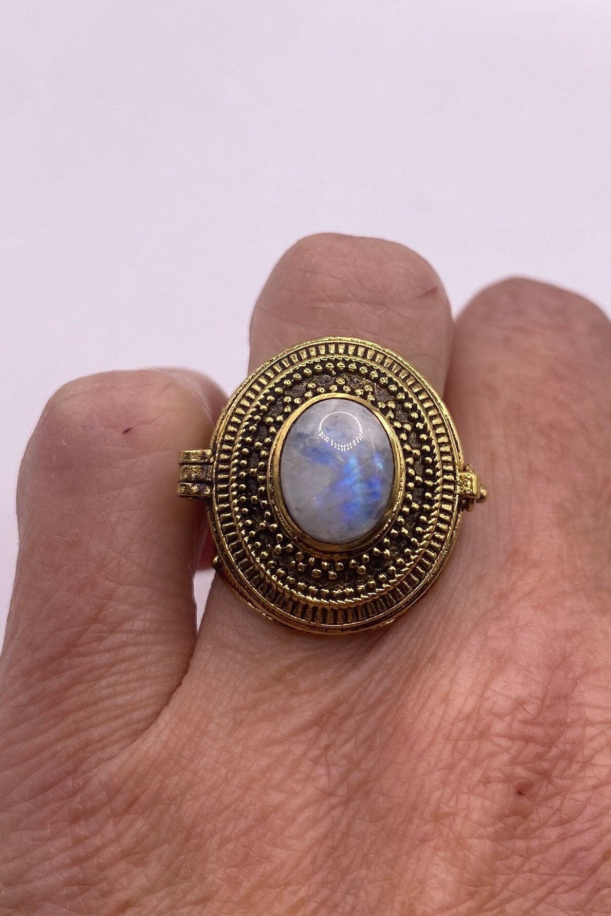 Vintage Gold Rainbow Moonstone Brass Poison Pillbox Ring