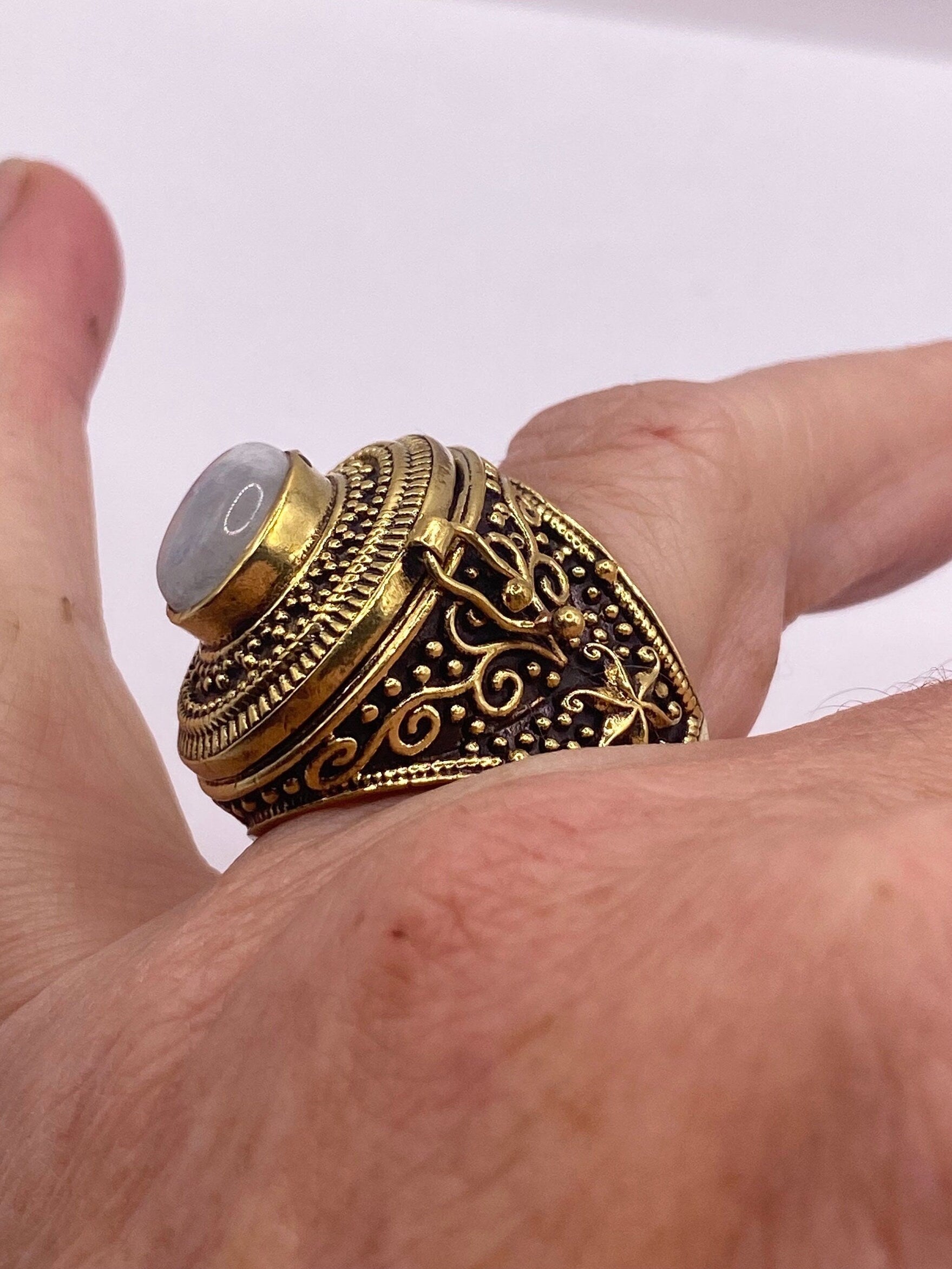 Vintage Gold Rainbow Moonstone Brass Poison Pillbox Ring