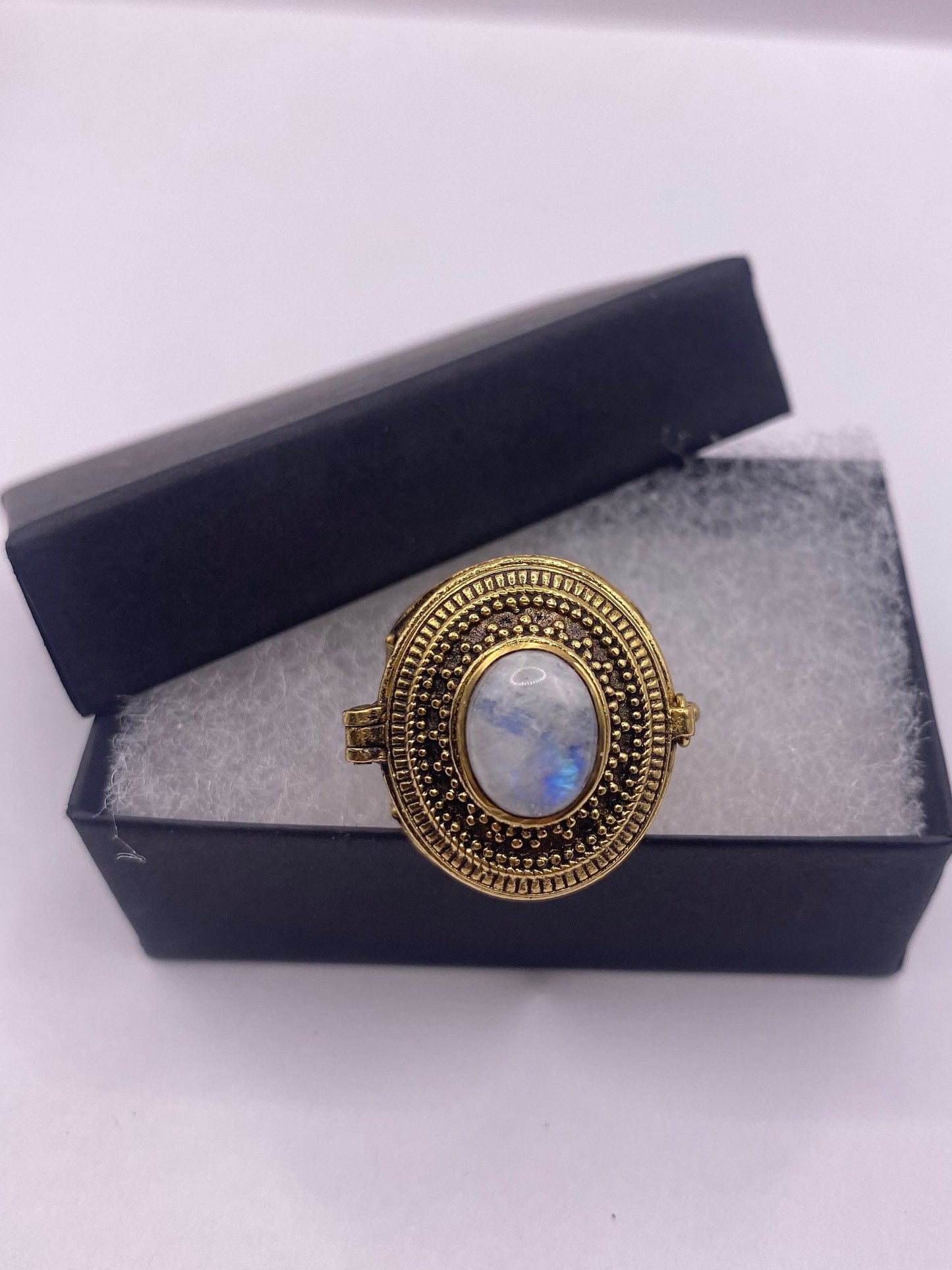 Vintage Gold Rainbow Moonstone Brass Poison Pillbox Ring