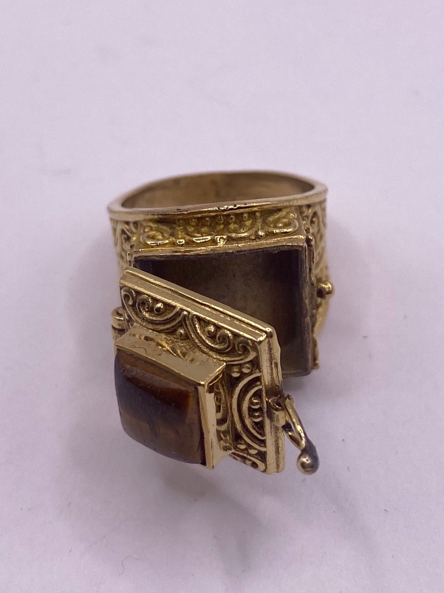 Vintage Gold Tigers Eye Brass Poison Pillbox Ring