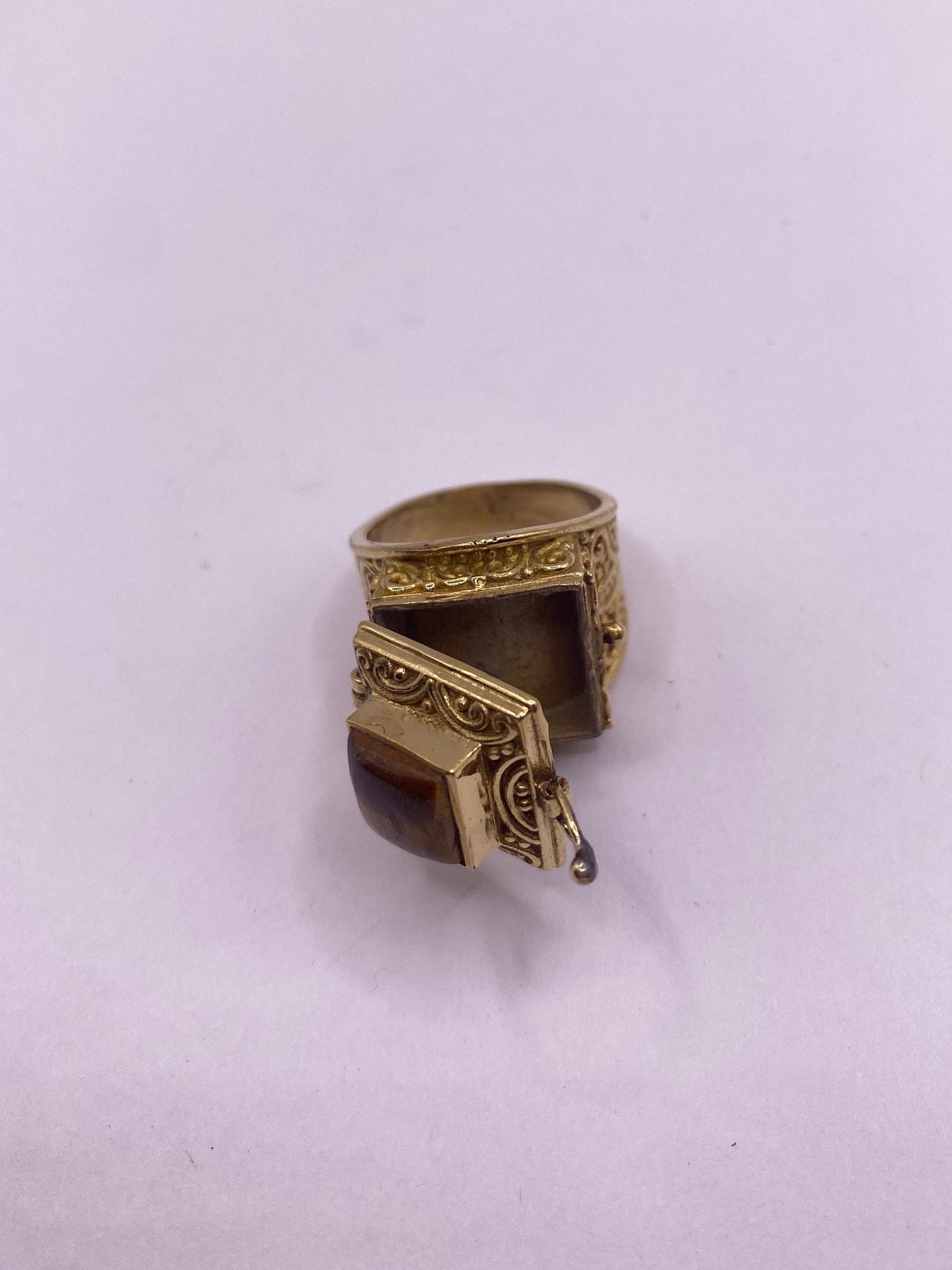 Vintage Gold Tigers Eye Brass Poison Pillbox Ring