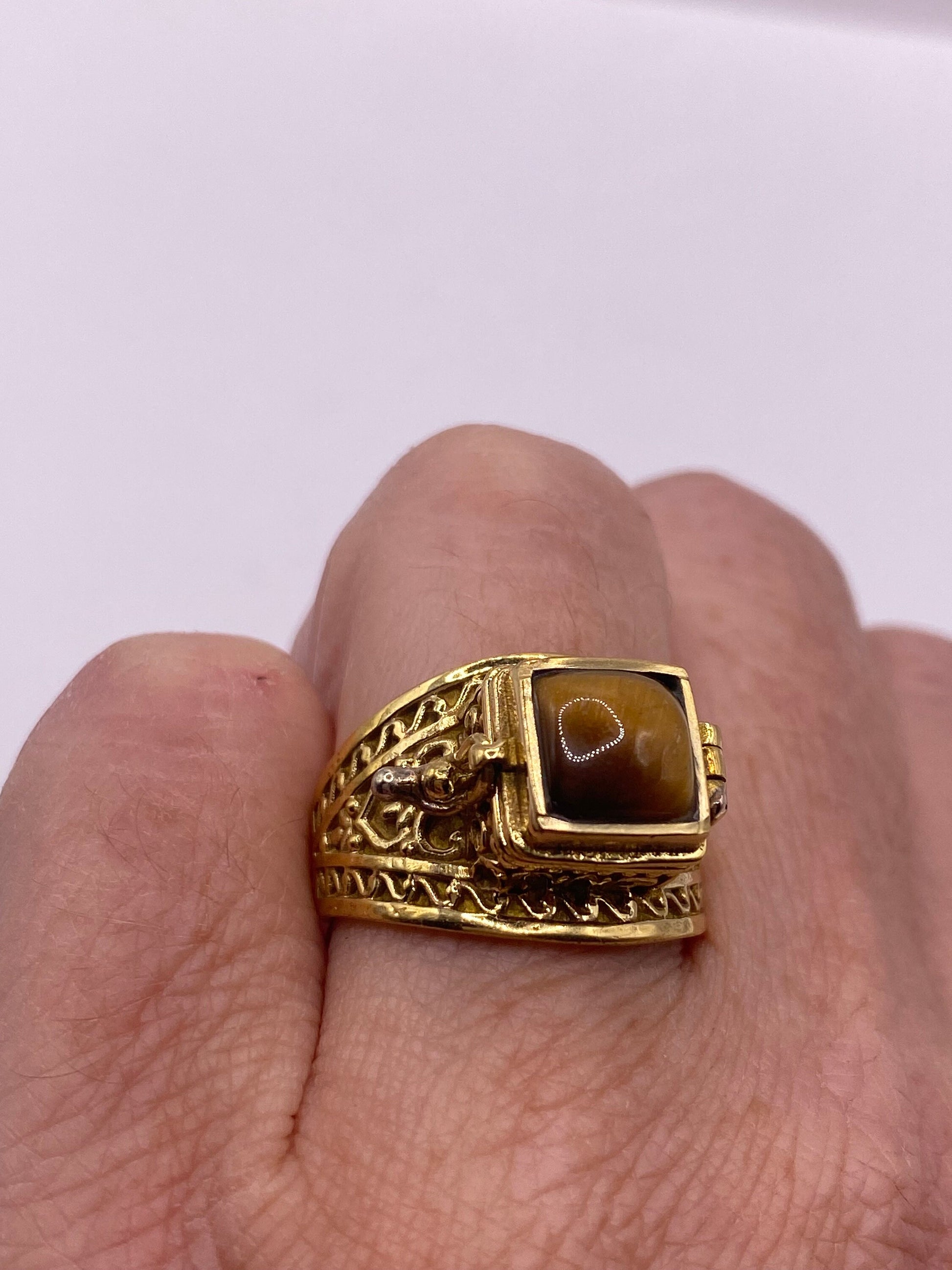 Vintage Gold Tigers Eye Brass Poison Pillbox Ring