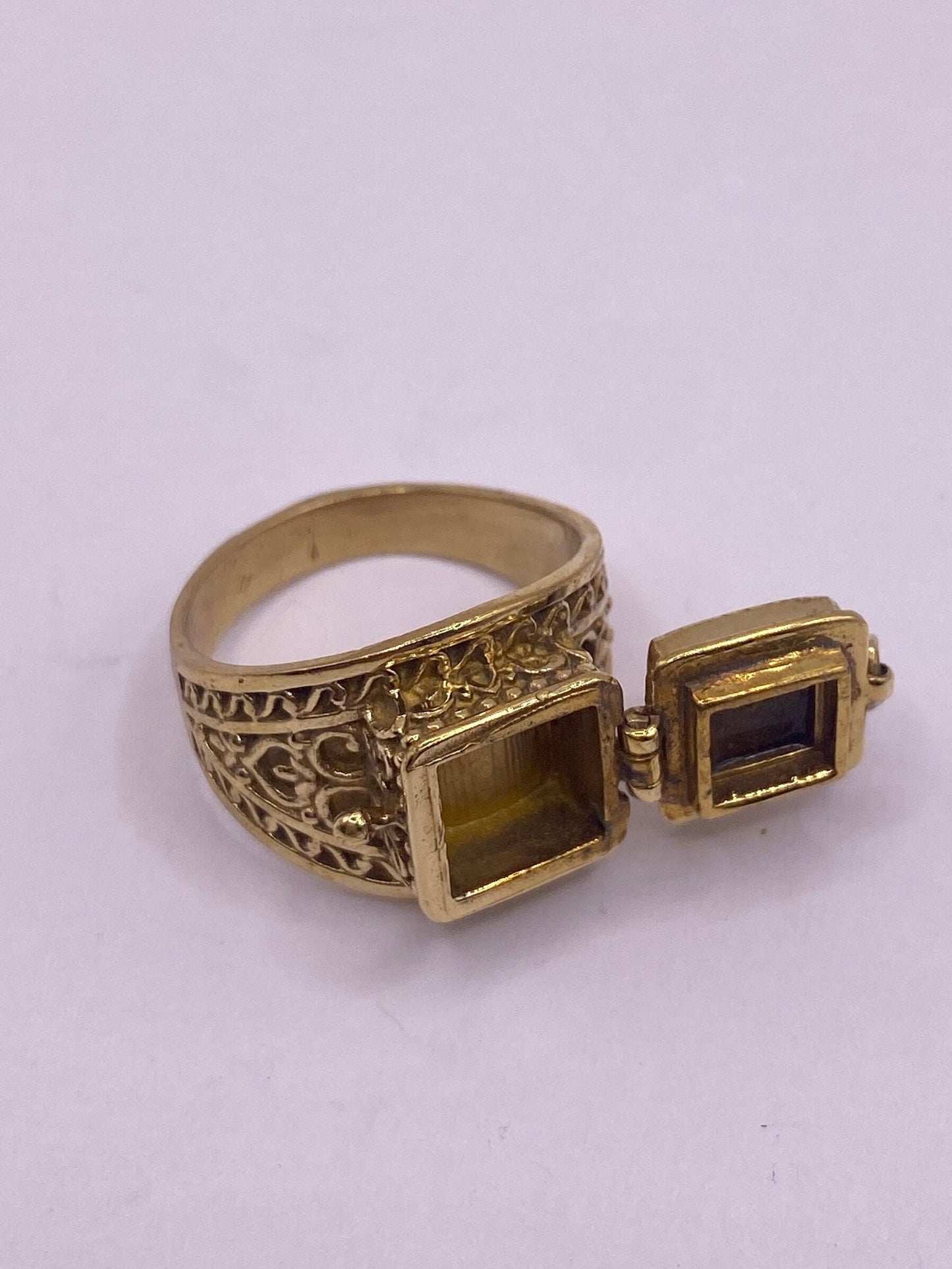 Vintage Gold Tigers Eye Brass Poison Pillbox Ring