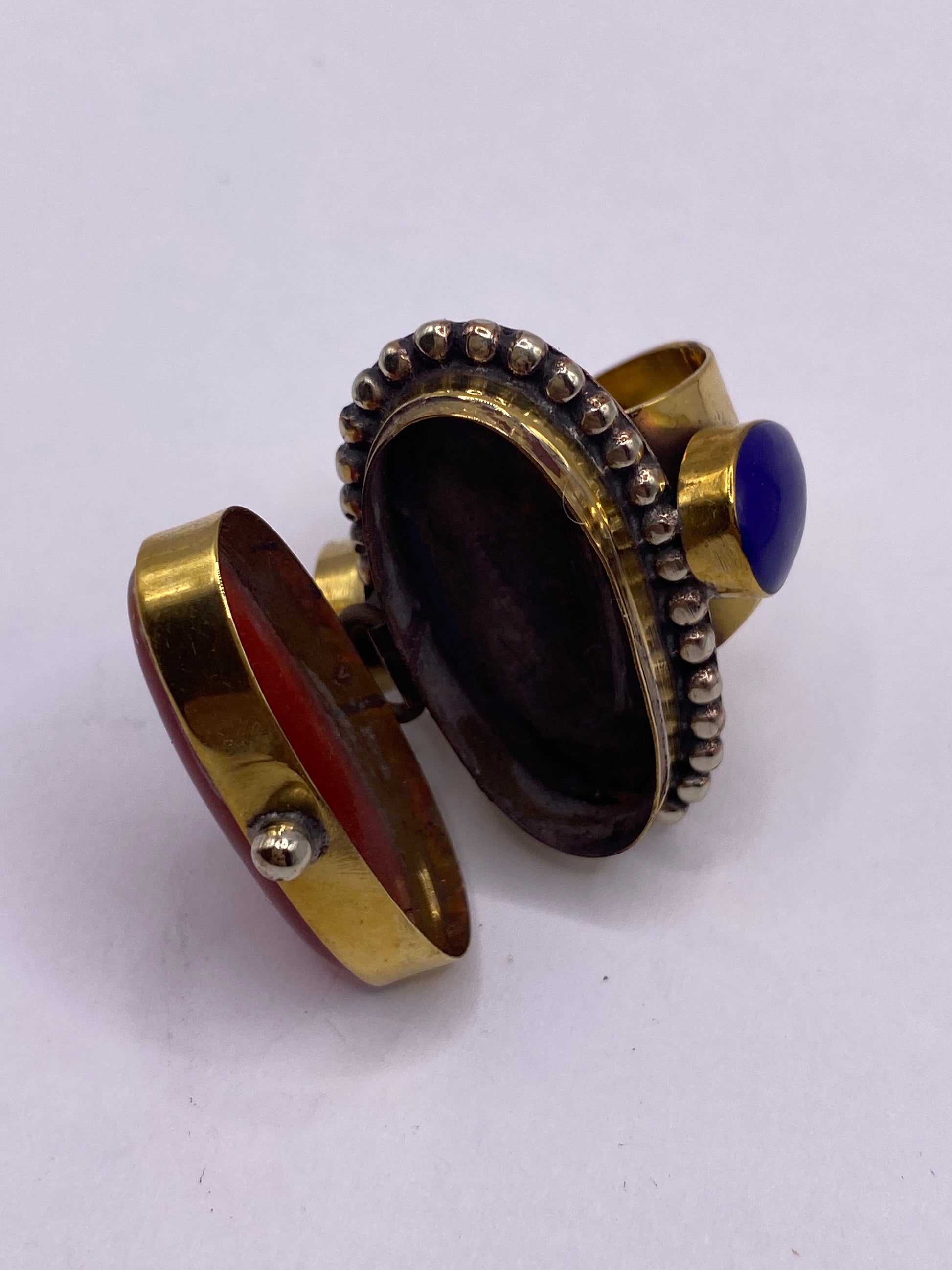 Vintage Carnelian Silver Bronze Poison Pillbox Adjustable Ring