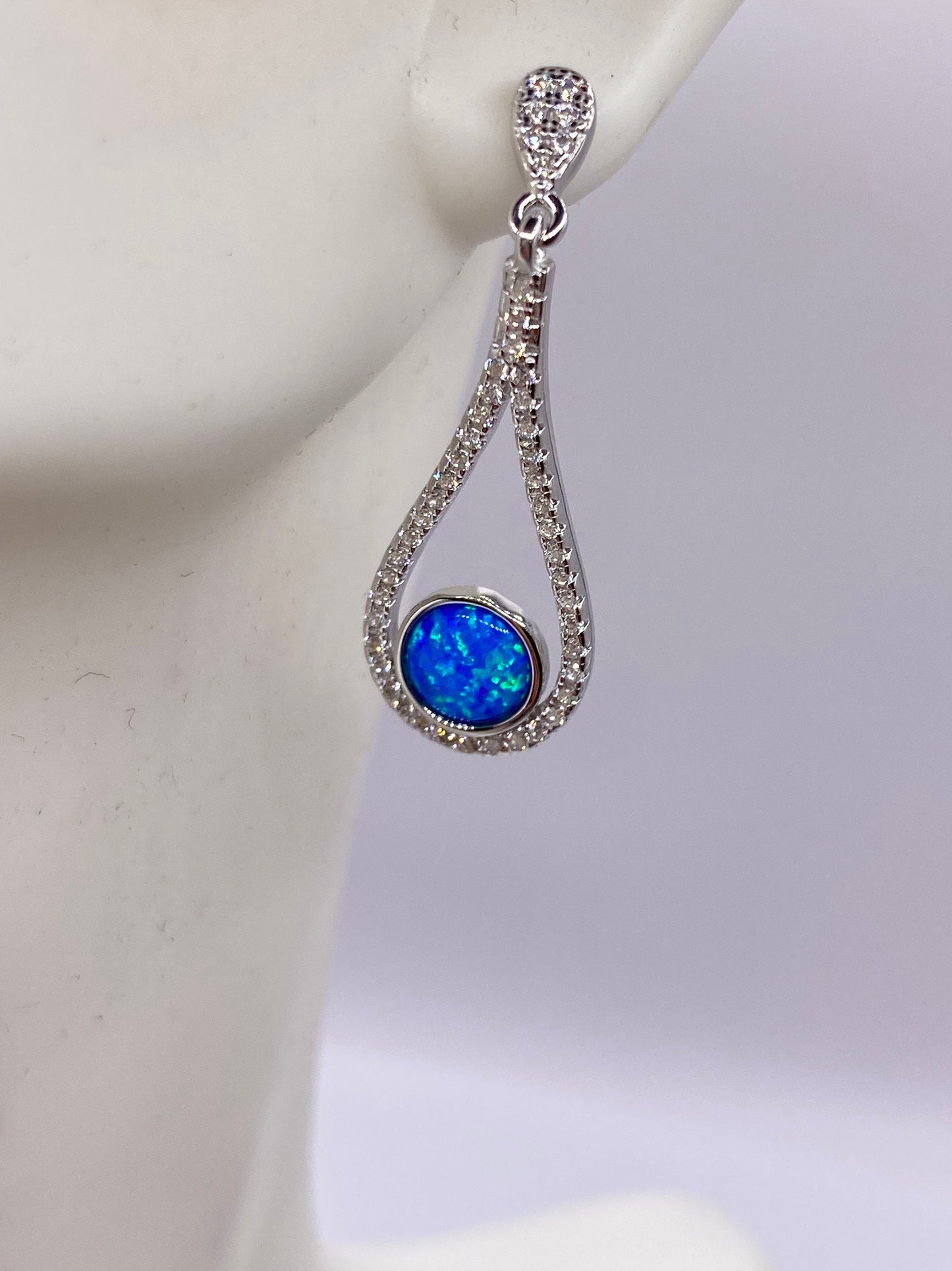 Vintage White Opal Earrings White Sapphire 925 Sterling Silver Dangle