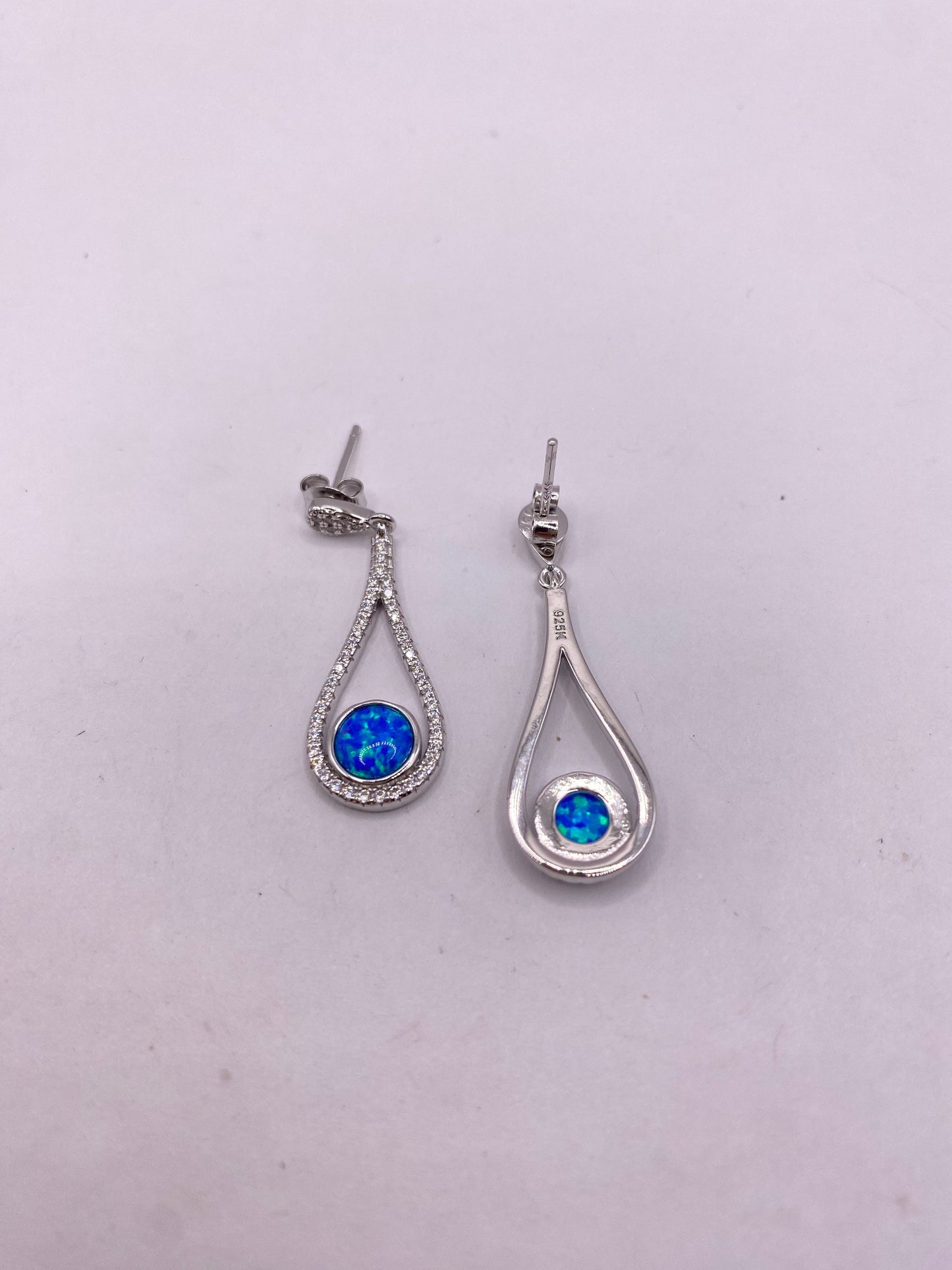 Vintage White Opal Earrings White Sapphire 925 Sterling Silver Dangle