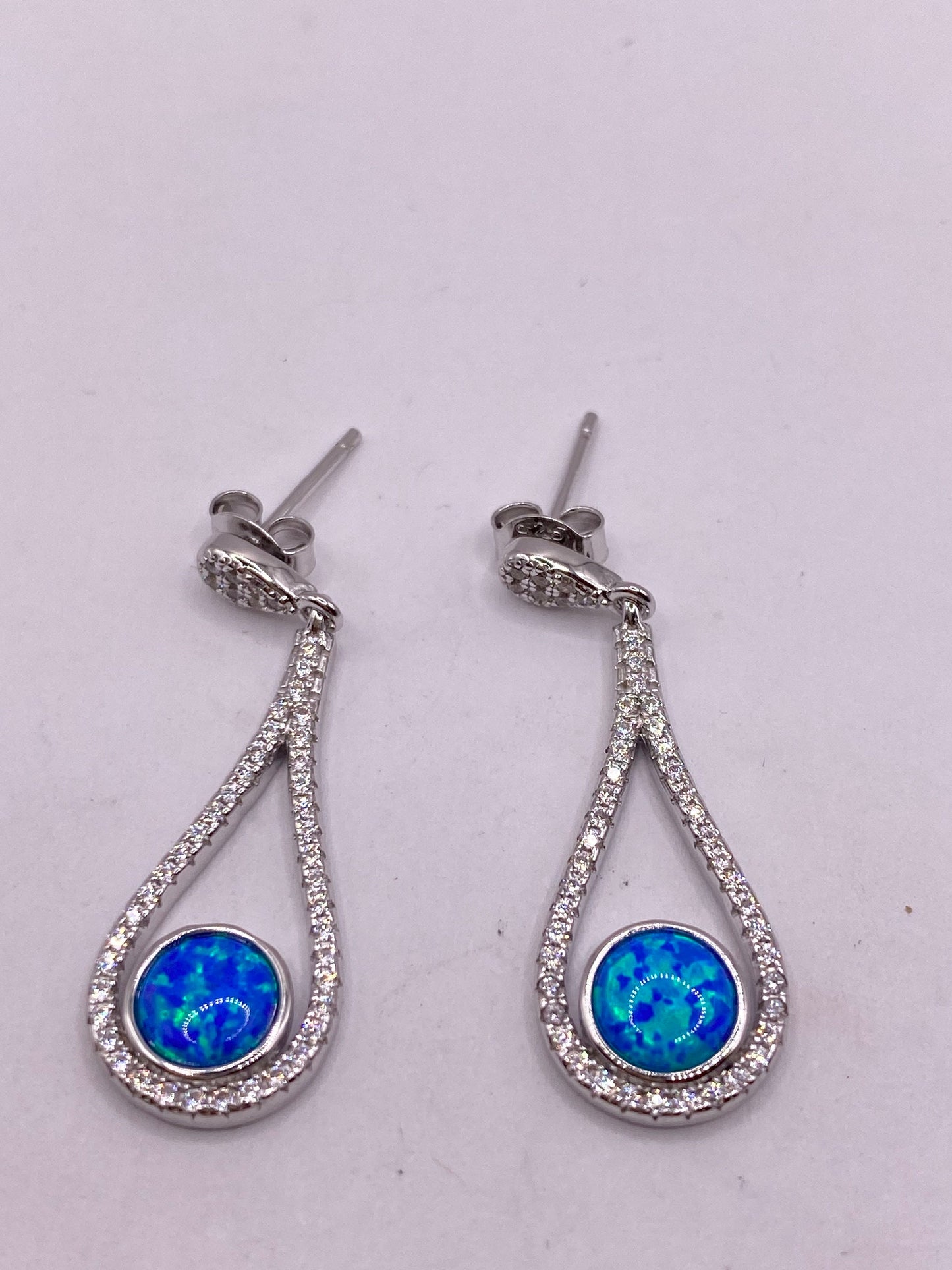 Vintage White Opal Earrings White Sapphire 925 Sterling Silver Dangle