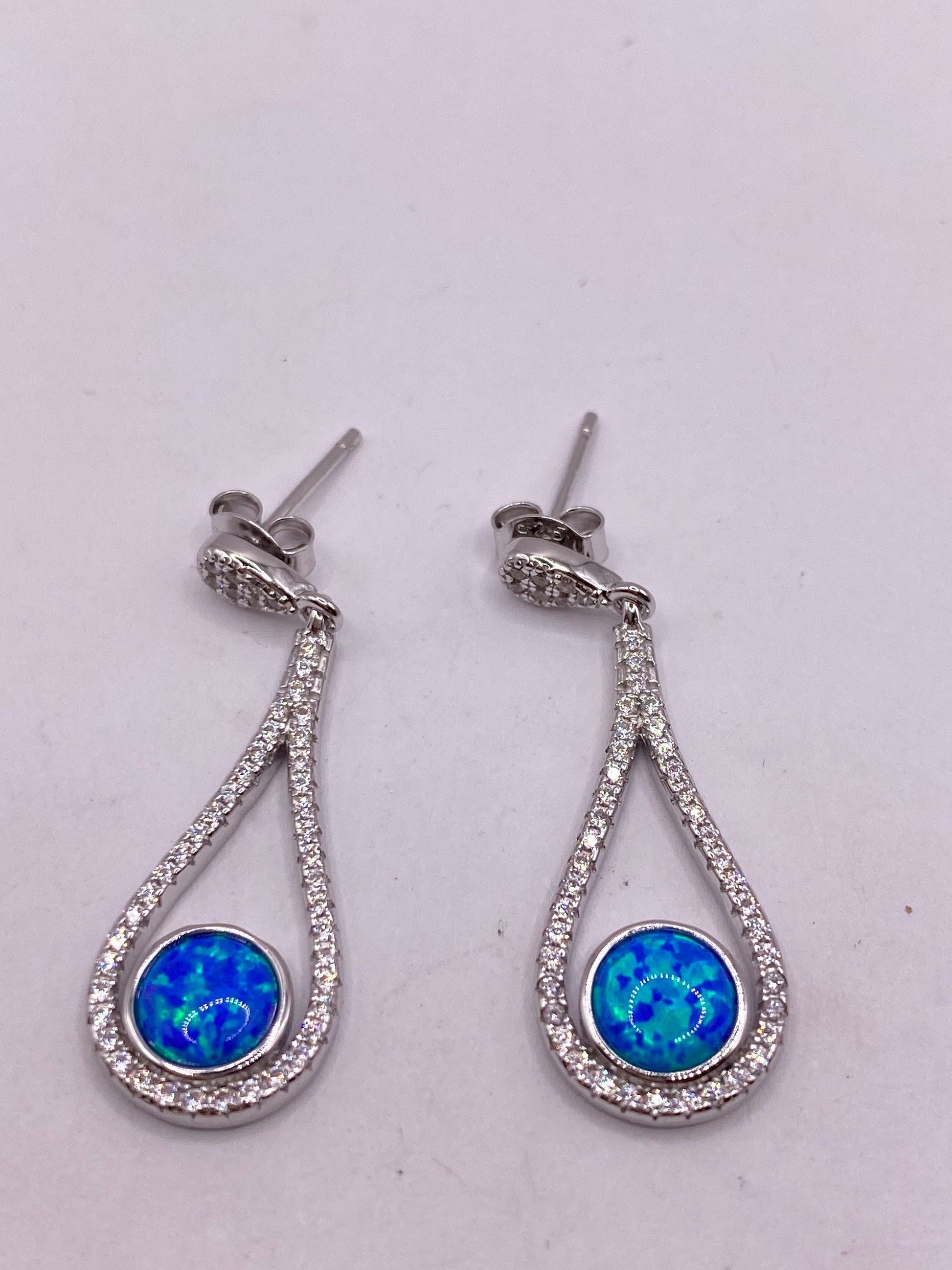 Vintage White Opal Earrings White Sapphire 925 Sterling Silver Dangle