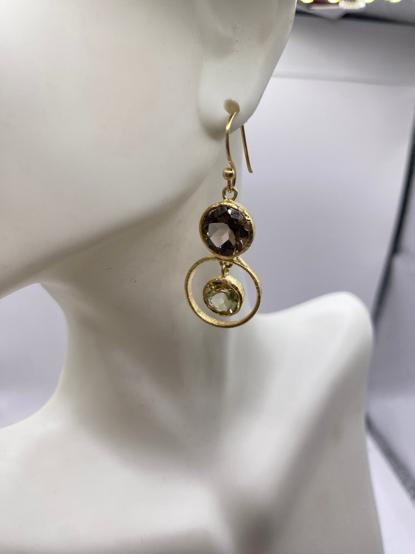 Vintage Brown Smoky Topaz Gold 925 Sterling Silver Drop Chandelier Earrings