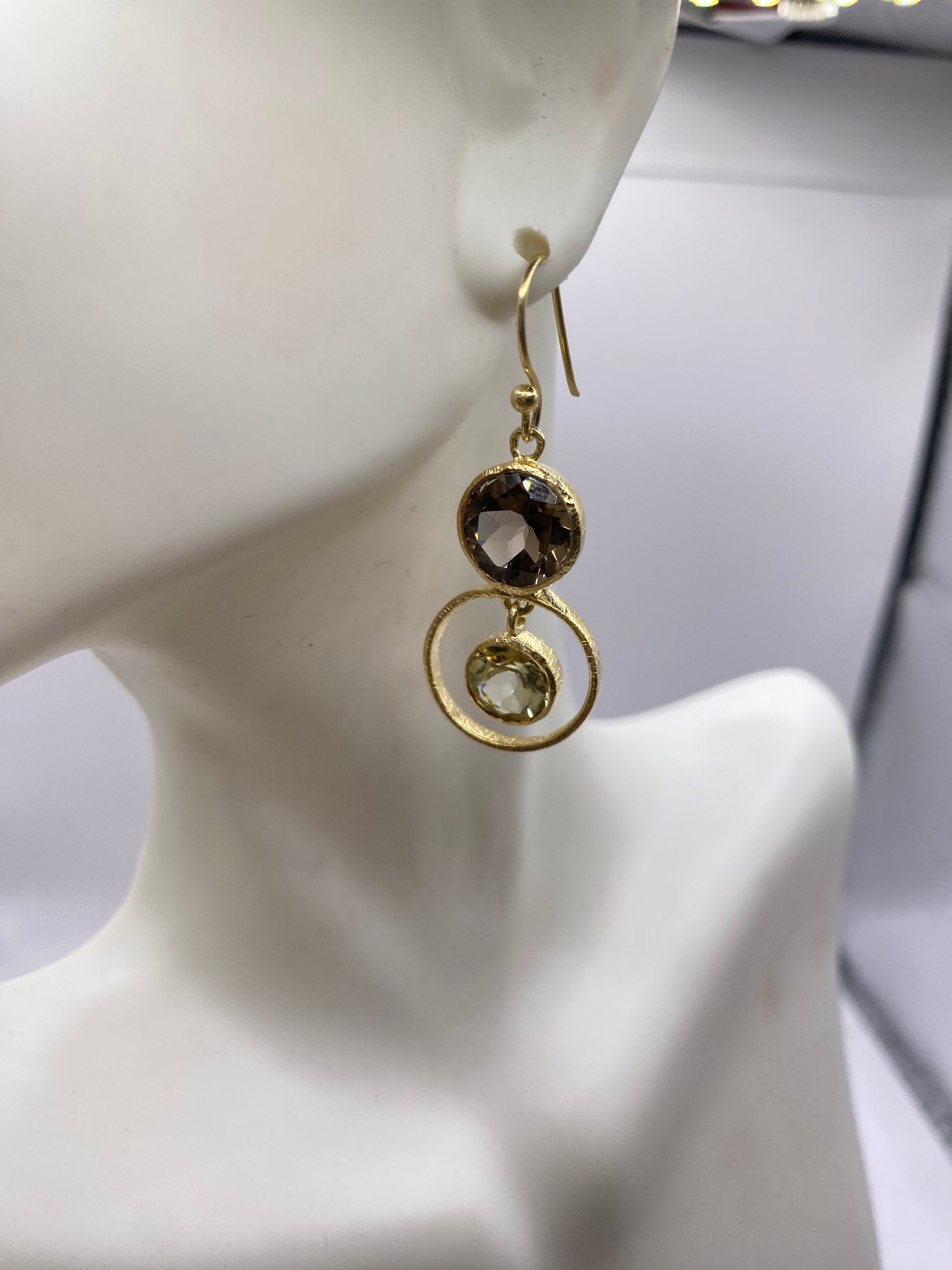 Vintage Brown Smoky Topaz Gold 925 Sterling Silver Drop Chandelier Earrings