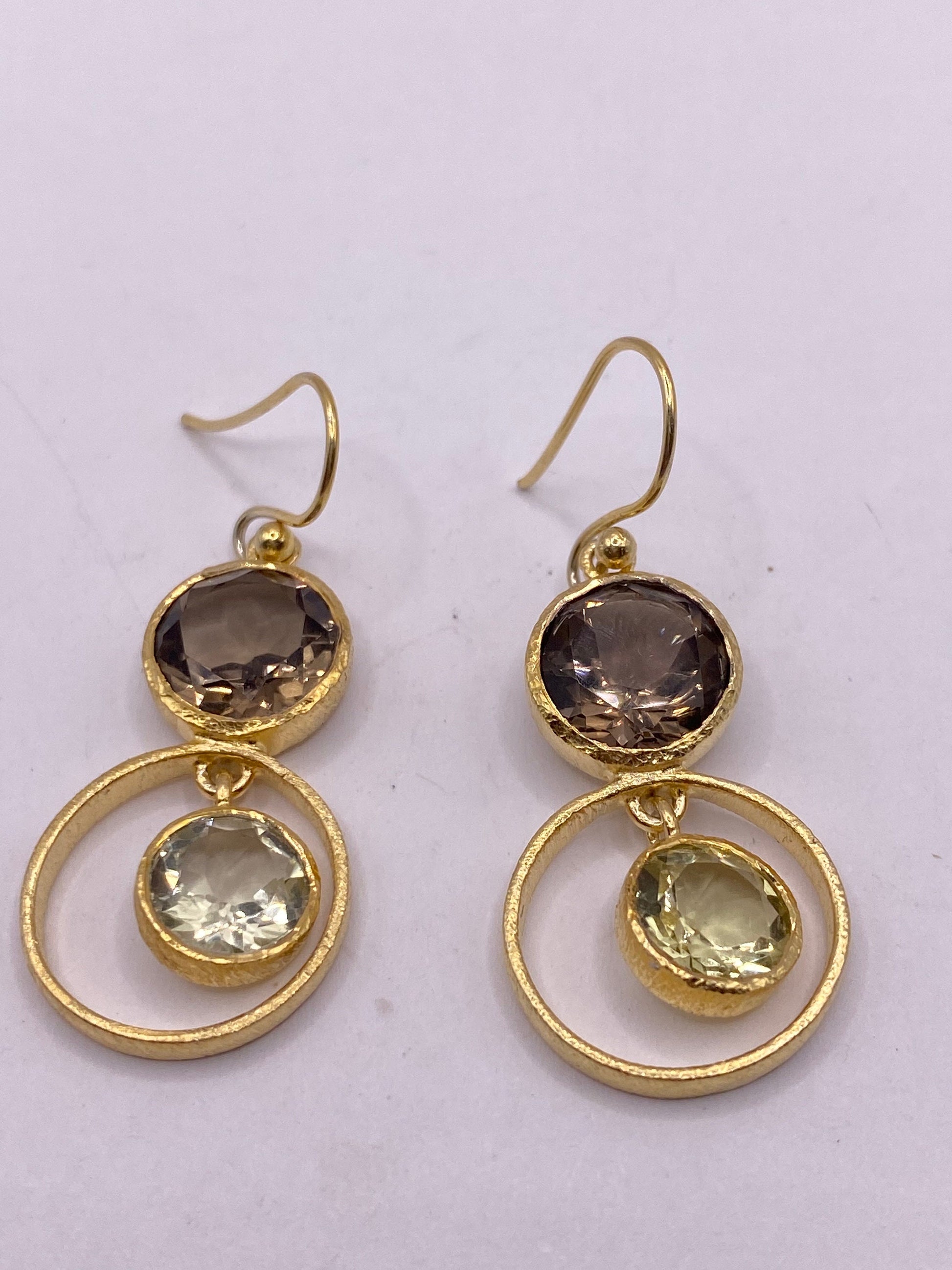 Vintage Brown Smoky Topaz Gold 925 Sterling Silver Drop Chandelier Earrings