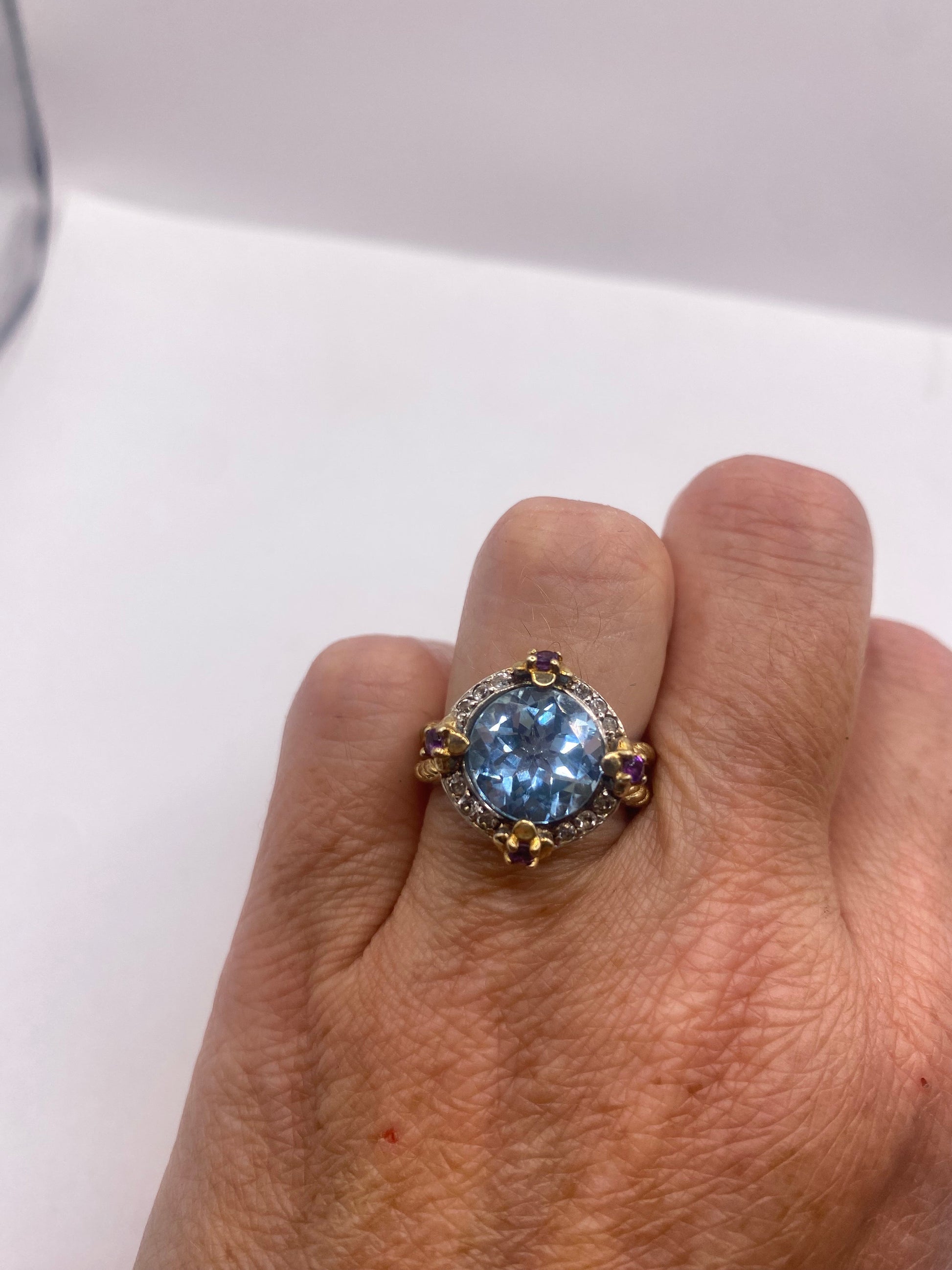 Vintage geniune blue topaz gold 925 sterling silver Cocktail Ring