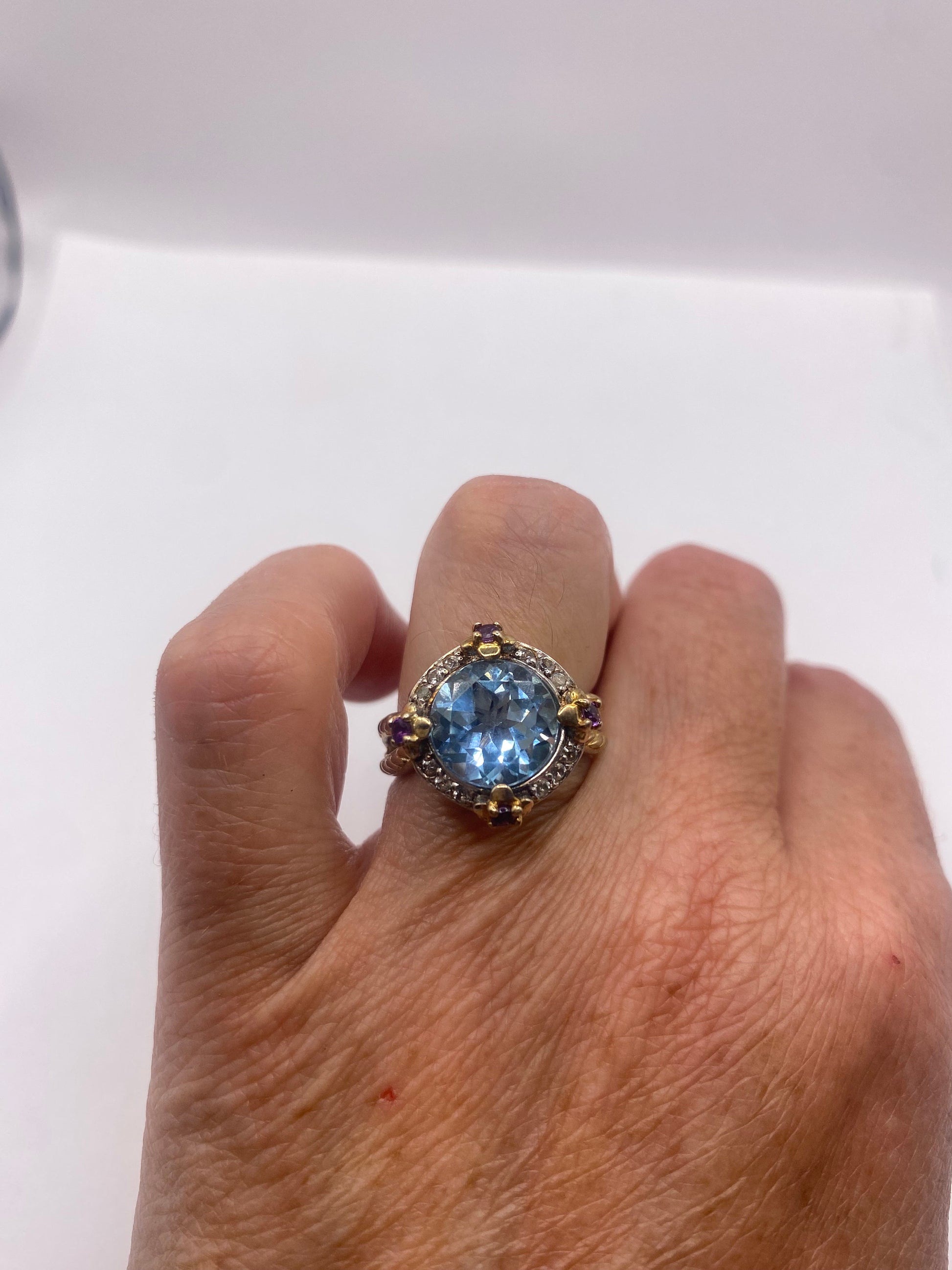 Vintage geniune blue topaz gold 925 sterling silver Cocktail Ring