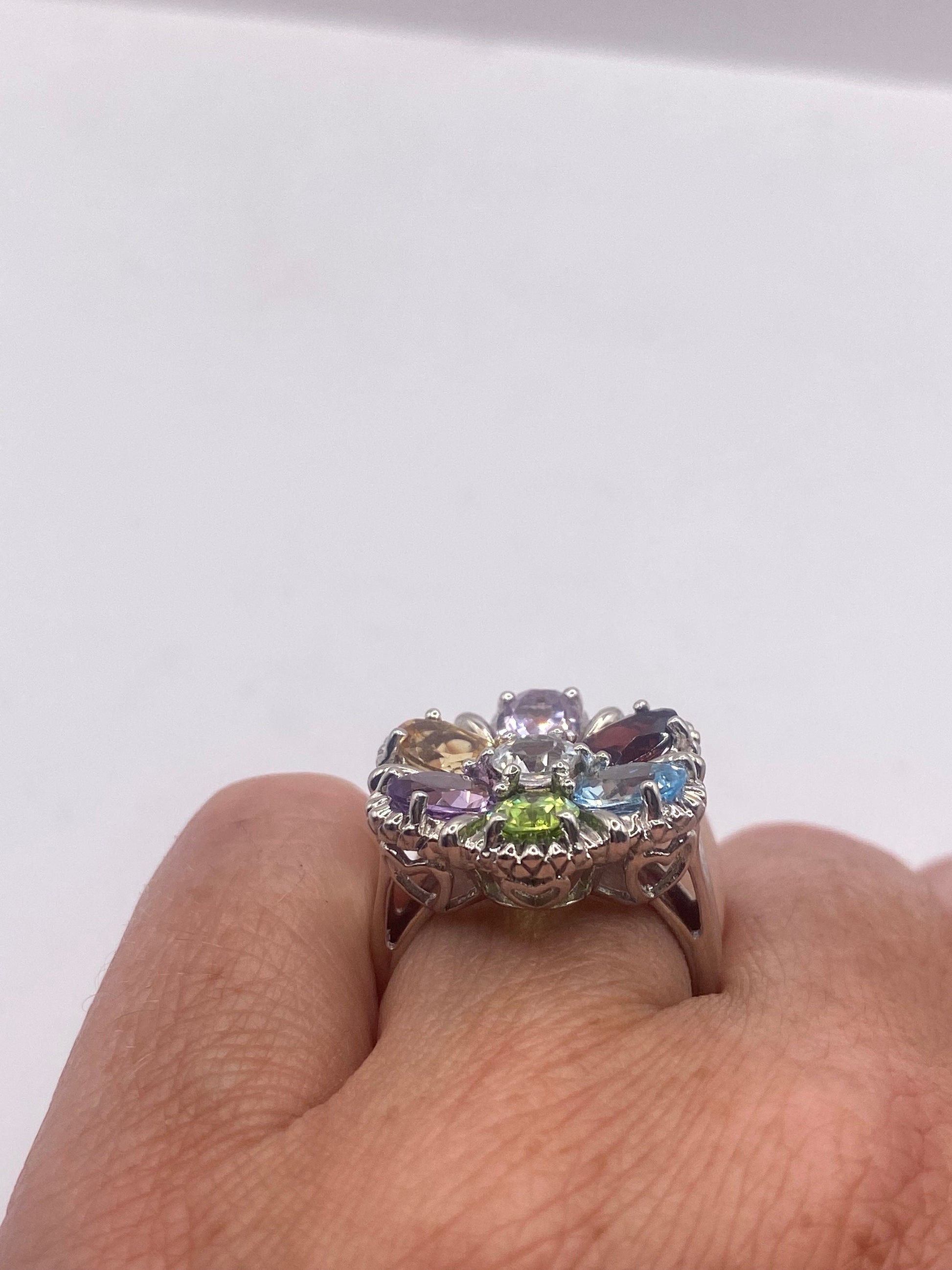 Vintage Mixed Genuine Gemstones 925 Sterling Silver Heart Cocktail Ring