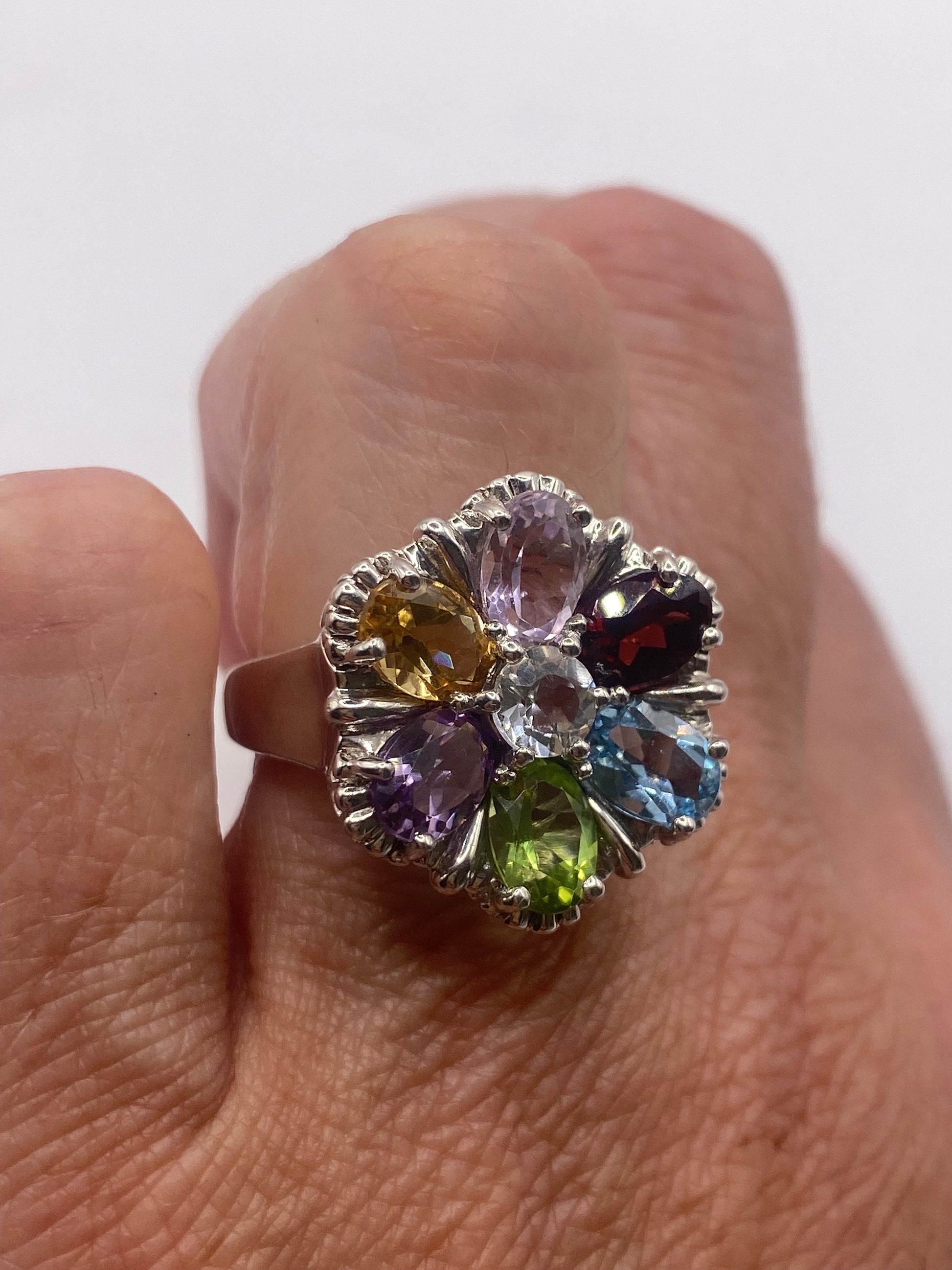 Vintage Mixed Genuine Gemstones 925 Sterling Silver Heart Cocktail Ring