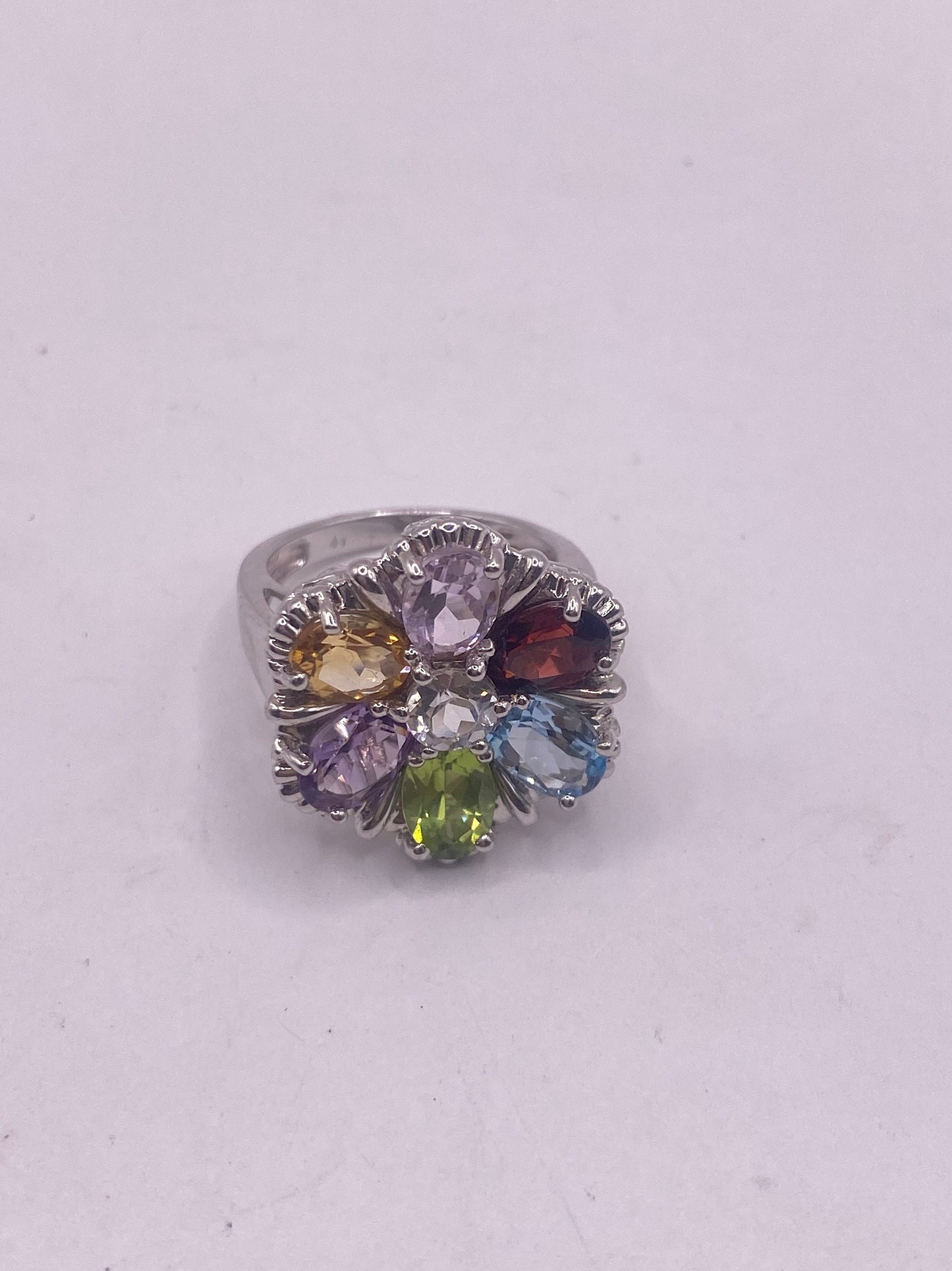 Vintage Mixed Genuine Gemstones 925 Sterling Silver Heart Cocktail Ring