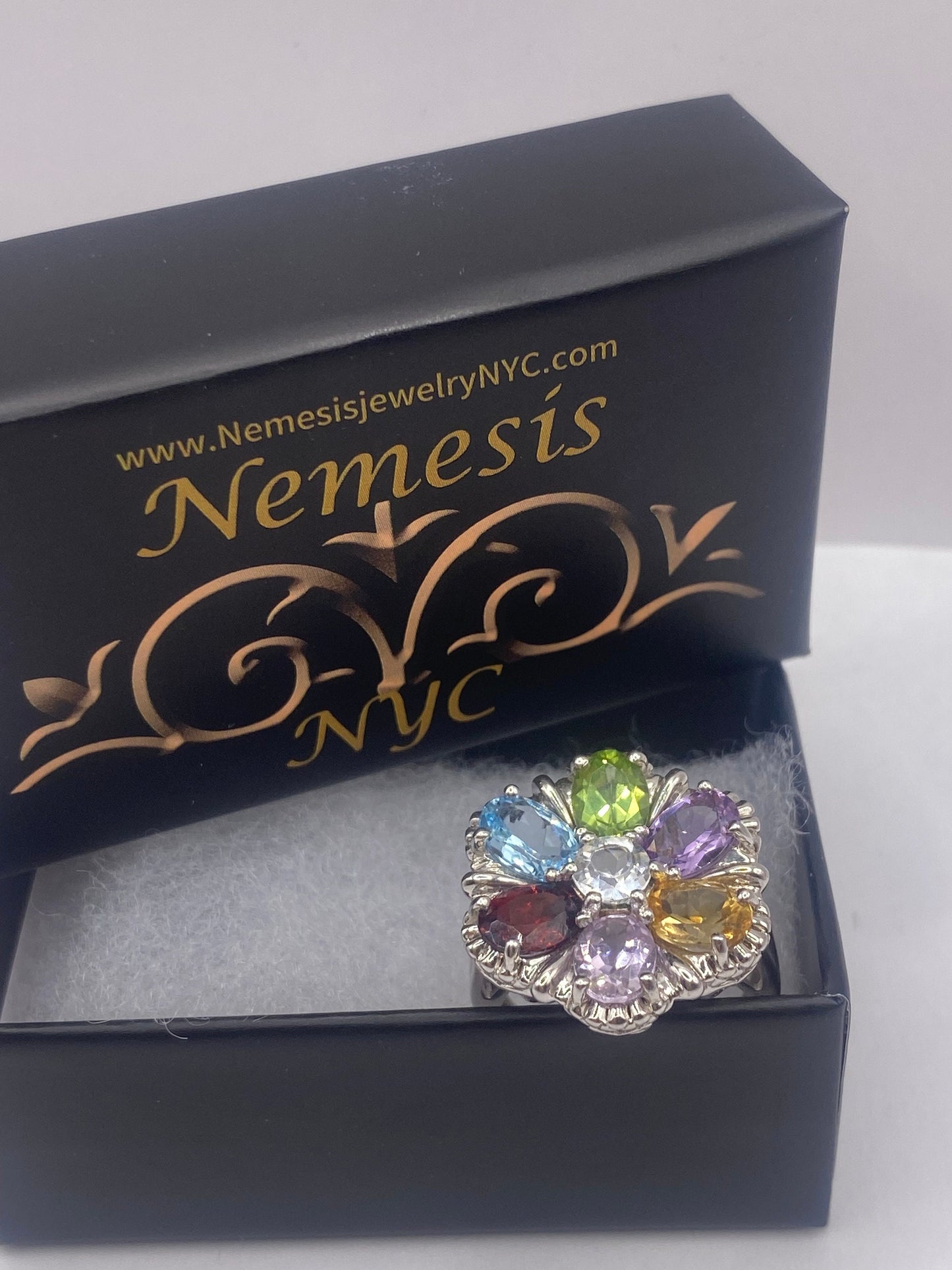 Vintage Mixed Genuine Gemstones 925 Sterling Silver Heart Cocktail Ring