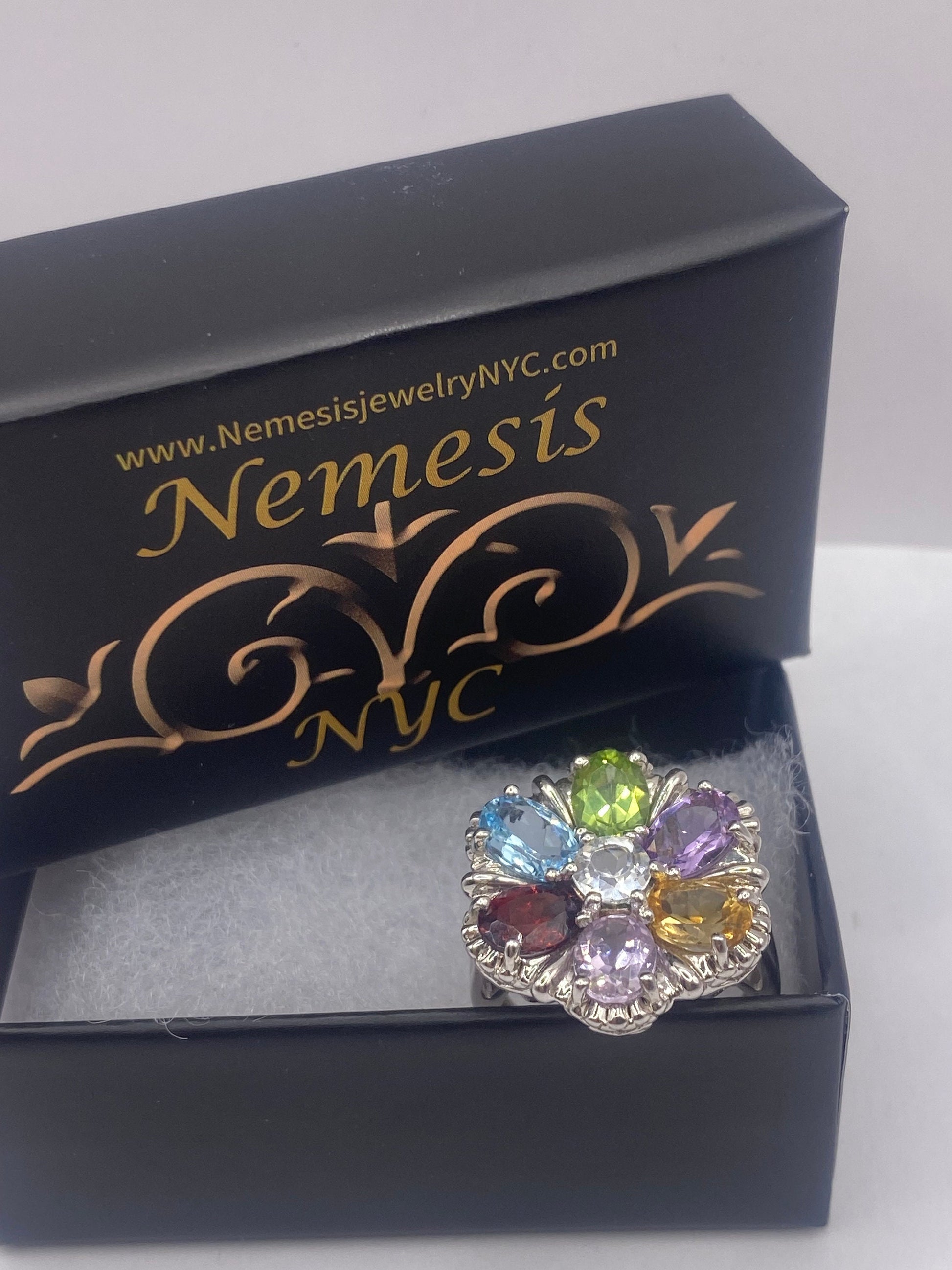 Vintage Mixed Genuine Gemstones 925 Sterling Silver Heart Cocktail Ring
