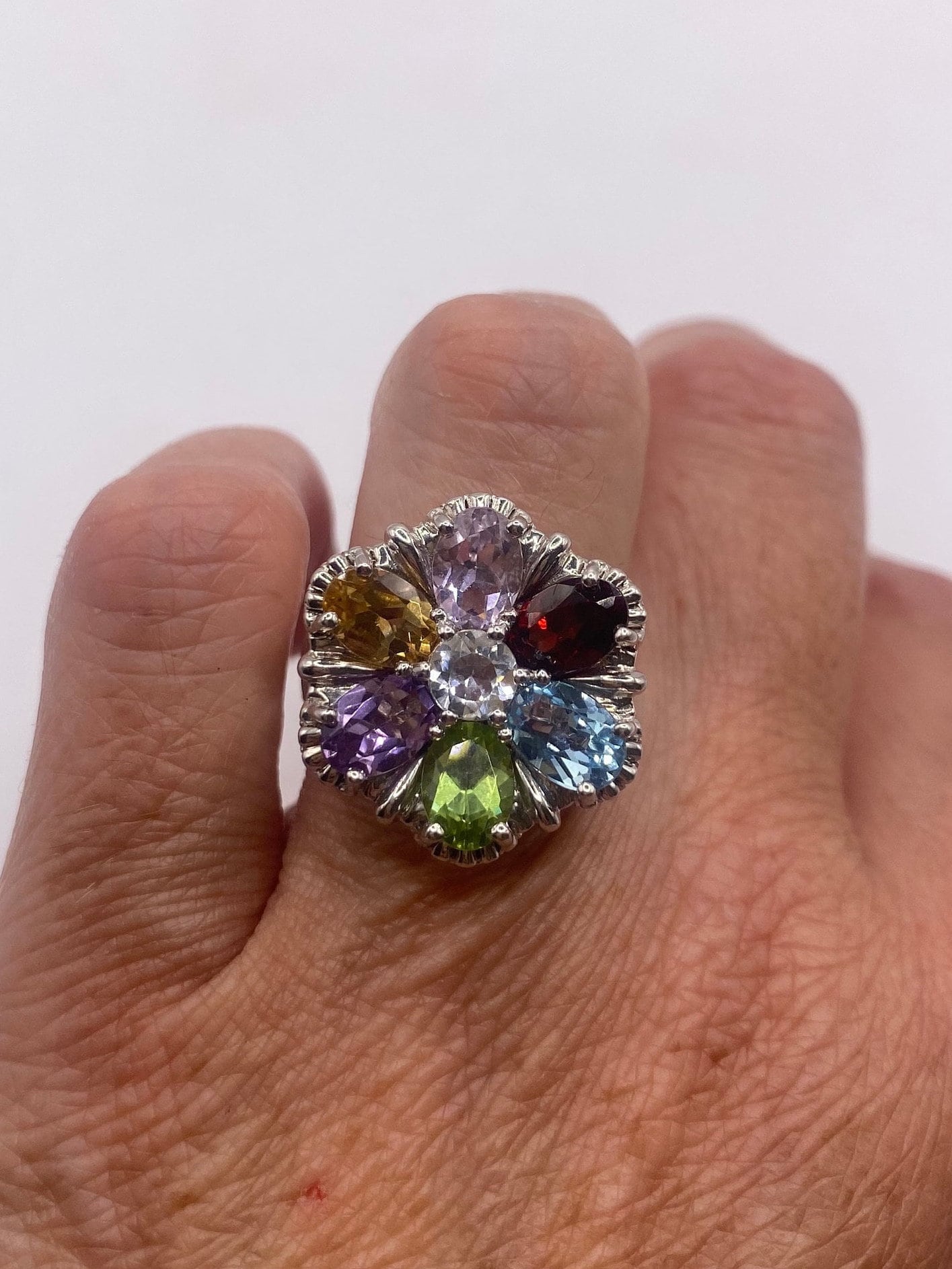 Vintage Mixed Genuine Gemstones 925 Sterling Silver Heart Cocktail Ring