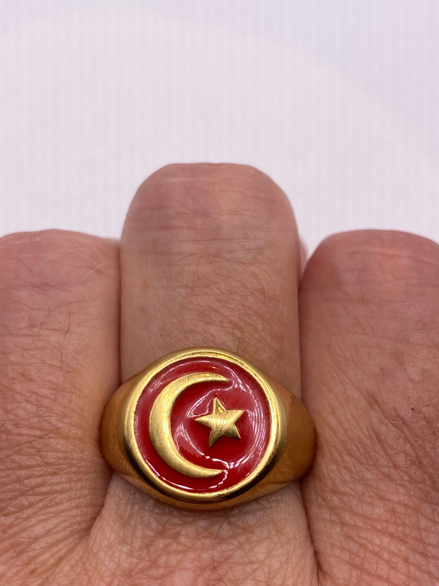 Vintage Golden Stainless Steel Muslim Star Cresant Mens Ring