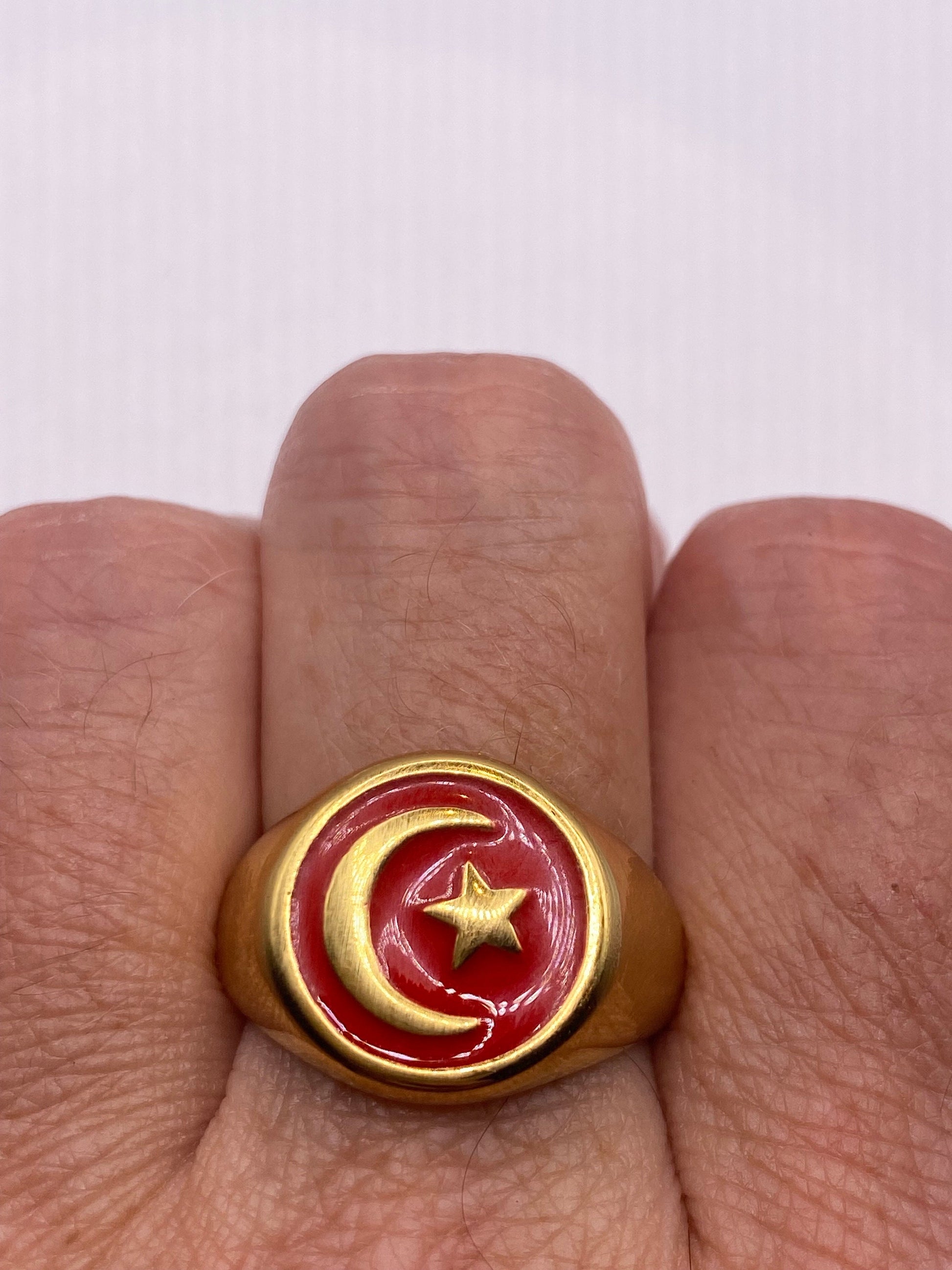 Vintage Golden Stainless Steel Muslim Star Cresant Mens Ring