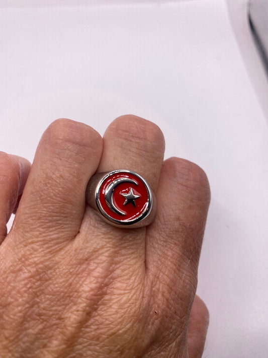 Vintage Silver Stainless Steel Muslim Star Cresant Mens Ring