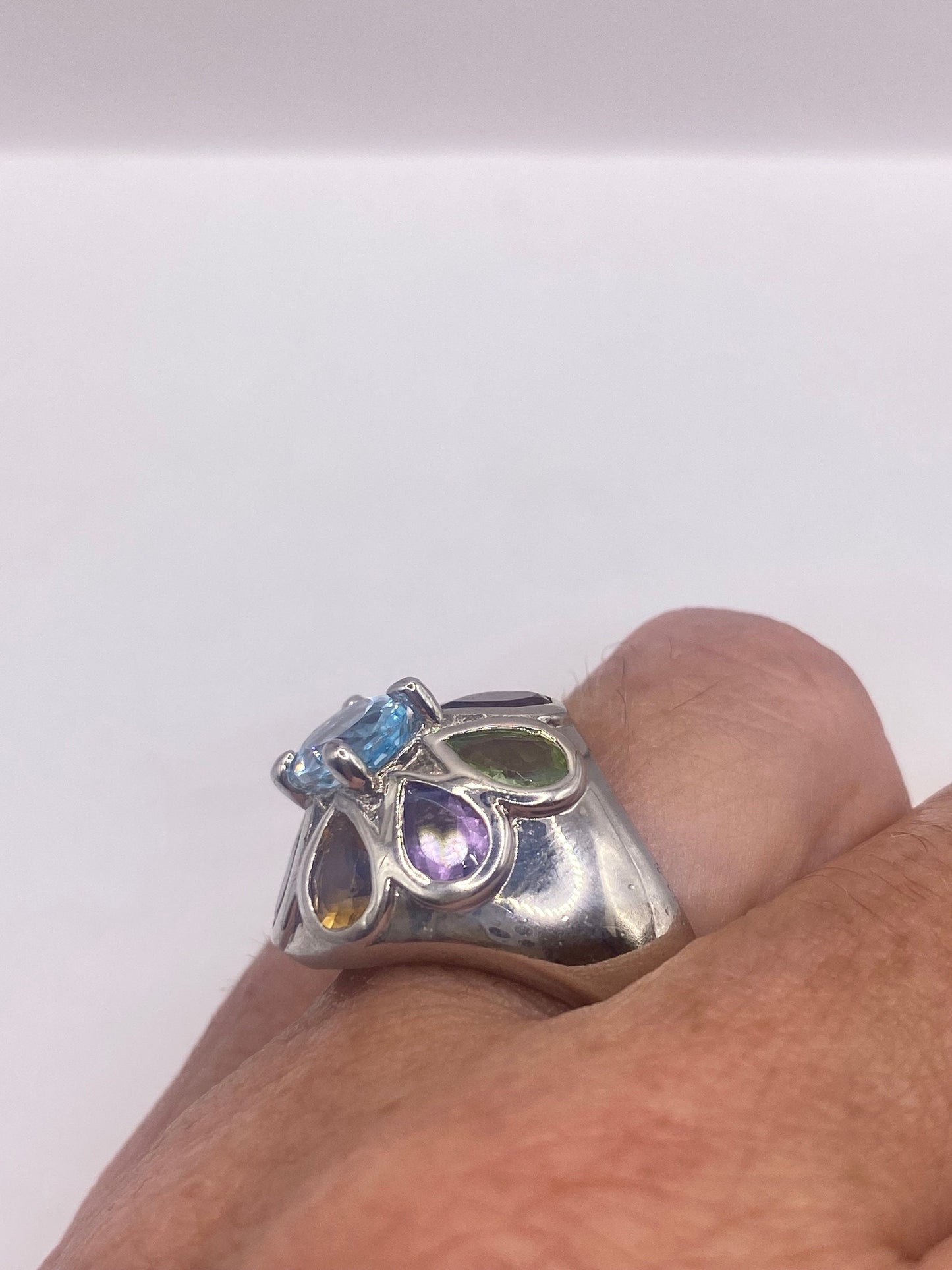 Vintage Mixed Genuine Gemstones 925 Sterling Silver Heart Cocktail Ring